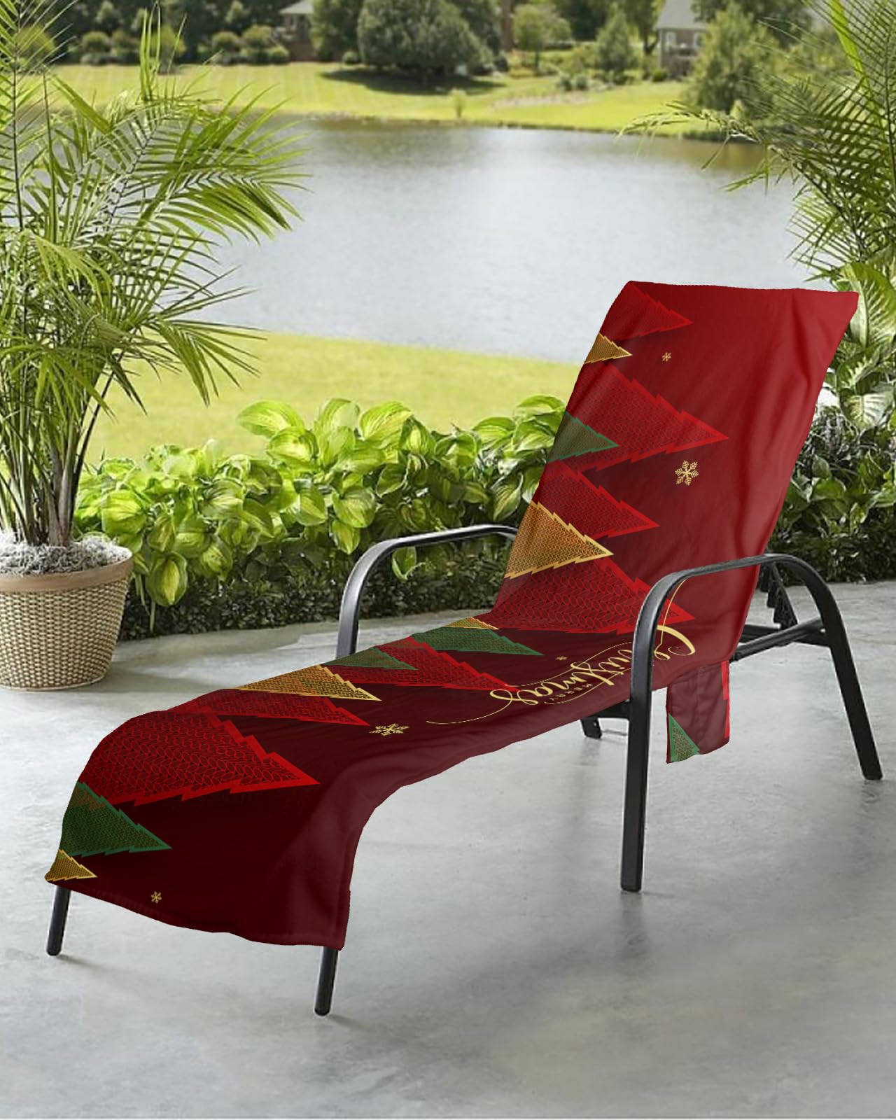 Christmas Beach Chair Towel Covers for Chaise Lounge with Side Pocket, Soft Plush Pool Towels Cover for Patio Sunbathing Outdoor 29''x85'' Modern Geometric Xmas Tree Red