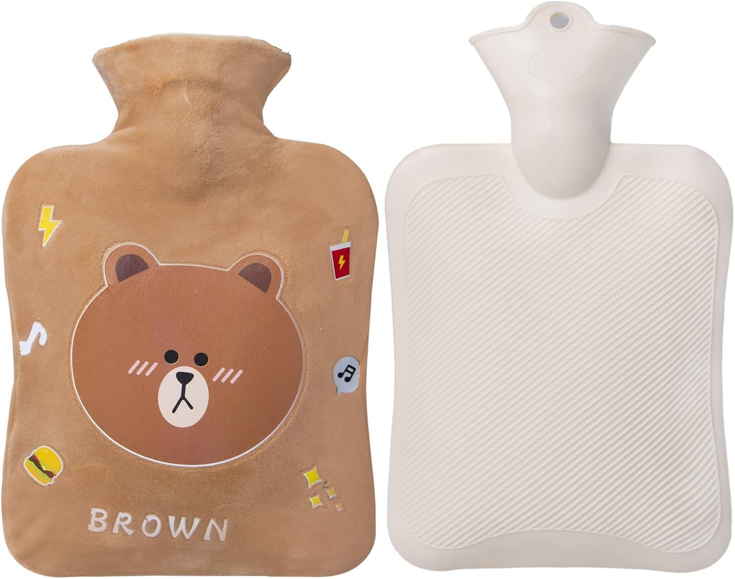 Small Hot Water Bottle, 1 Liter Water Bag with Cute Fleece Cover, Gifts for Women and Men, Brown Bear