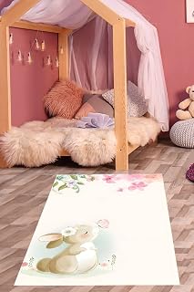 Pelangi Çiçek Bahçeli Kelebe ve Sevimli Tavşan Yıkanabilir Kaymaz Taban Leke Tutmaz Çocuk Odası Halısık, Açık Pembe-Kahve 80 x 500