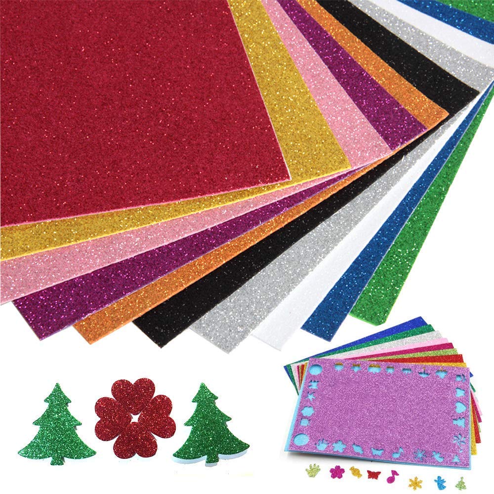 UNIq 10 Pack Glitter EVA Foam 8" x 12" Sheets - Crafting Sponge for DIY Cutters Art,10 Colours (Glitter Sheets)-image-11