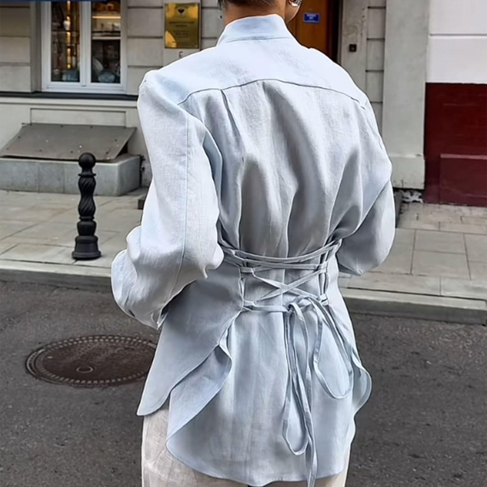 Blusa de Algodón con Botones y Manga Larga for Mujer, Camisa con Cinturón for Oficina e Informal