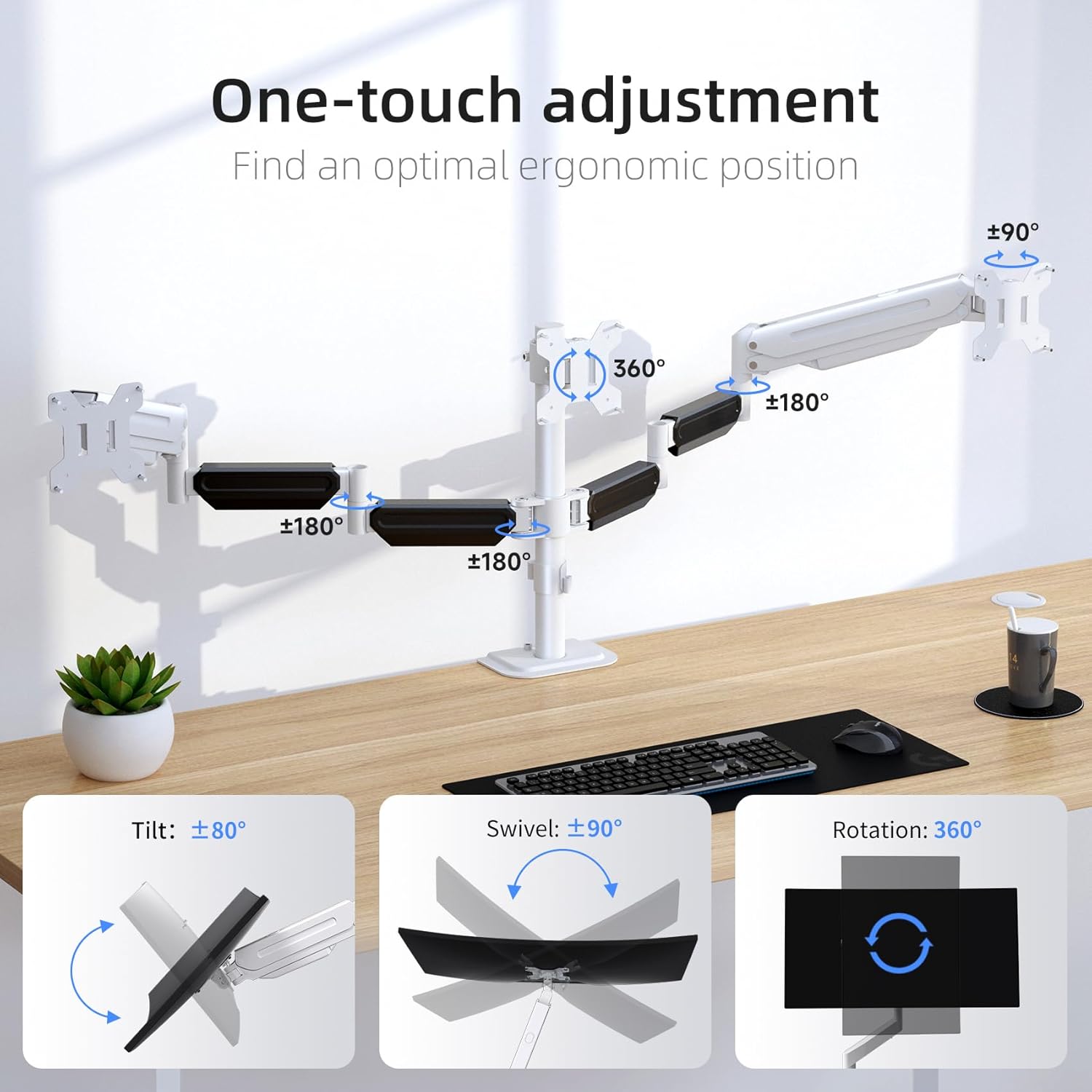 suptek Triple Monitor Mount for Most 17 to 32 inch Screens,Gas Springs Adjustment Triple Monitor Desk Mount Stand with Clamp & Grommet Kit,White(MD8003W)
