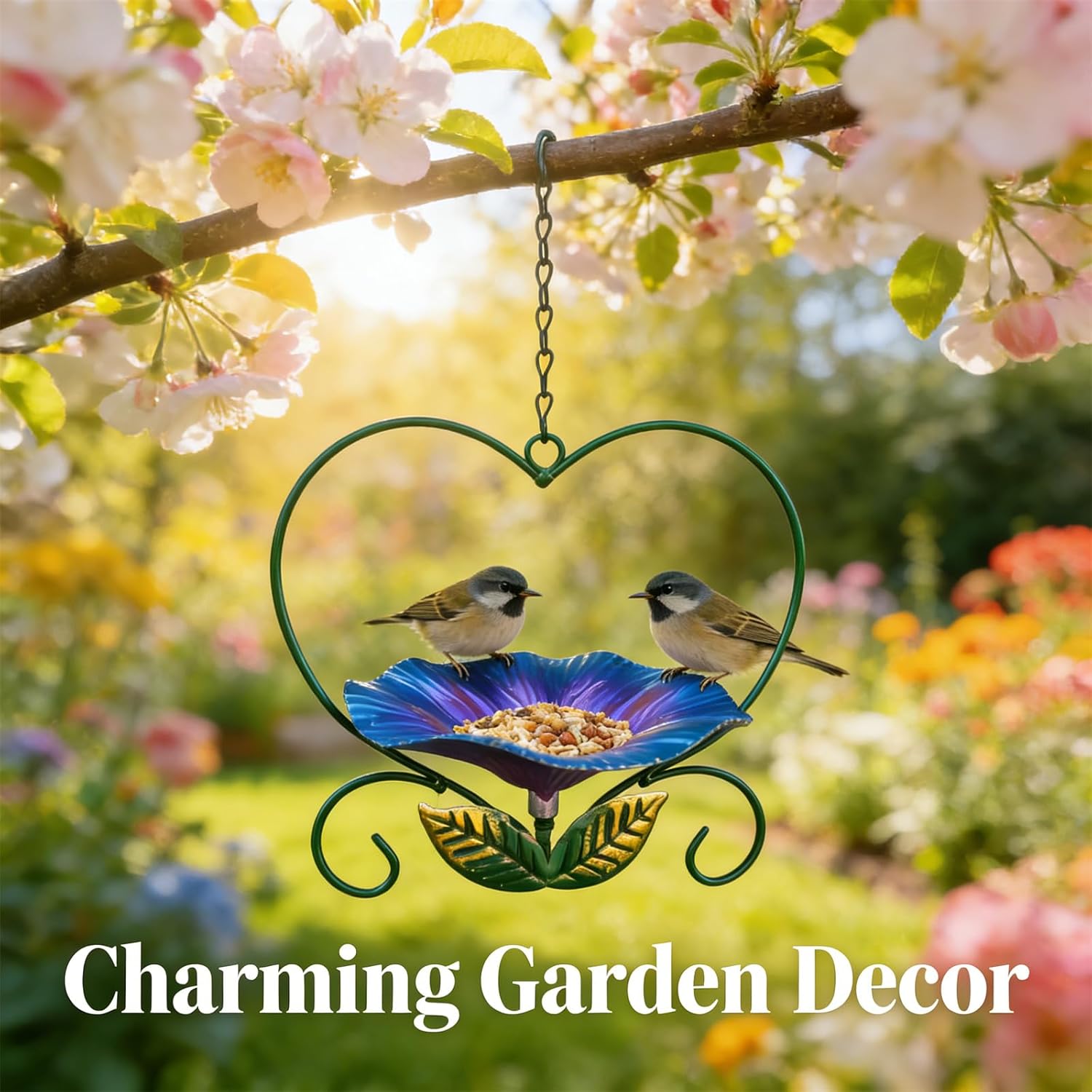 Heart-Shaped Wrought Iron Flower Bird Feeder, Signals Heart Shaped Bird Feeder Stake, Platforms Birds Feeders for Outside, Iron Flower-Shaped Hanging Birds Feeders Tray (RED+Purple)