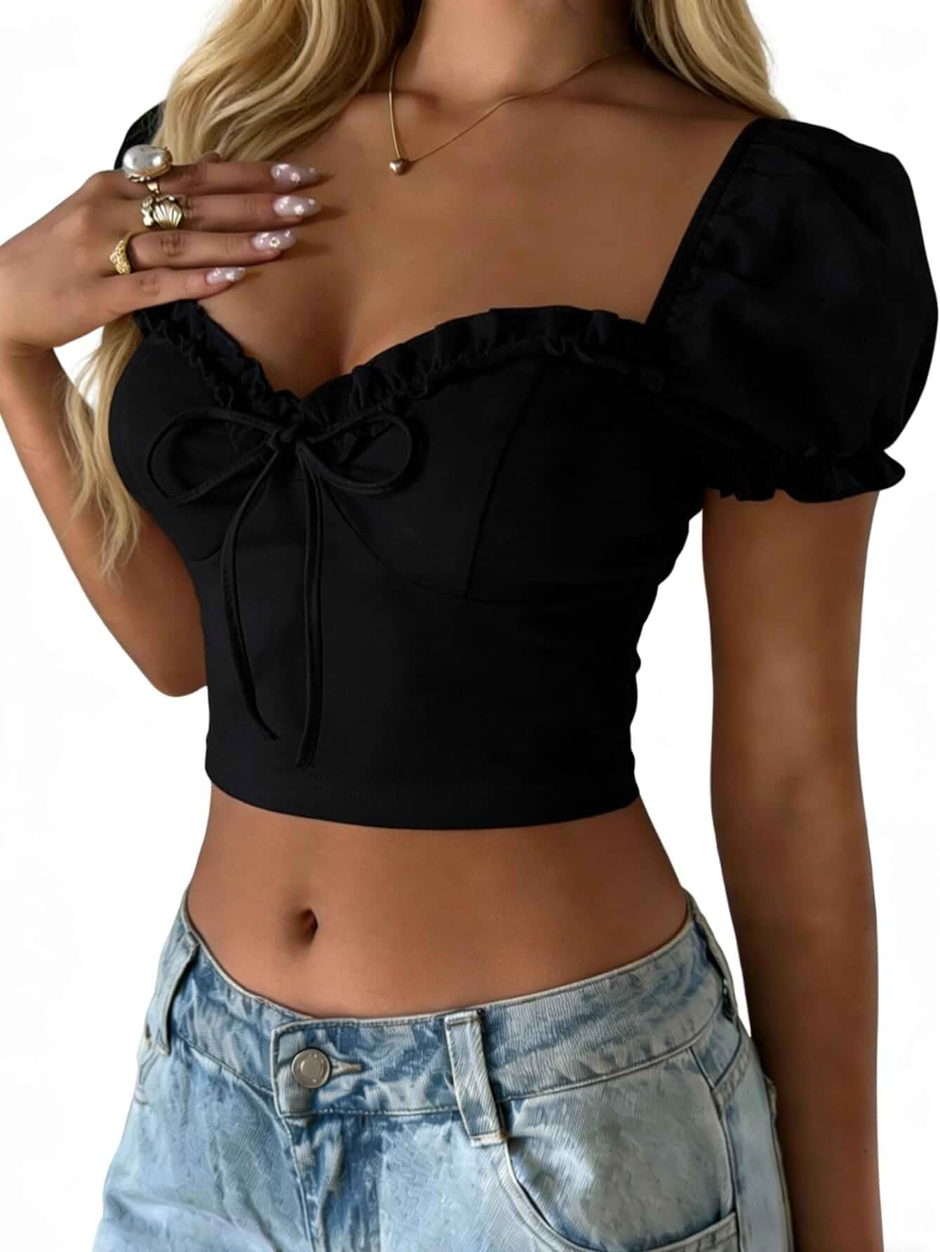 Verdusa Women's Babydoll Peplum Top Y2K Puff Sleeve Sweetheart Neckline Top