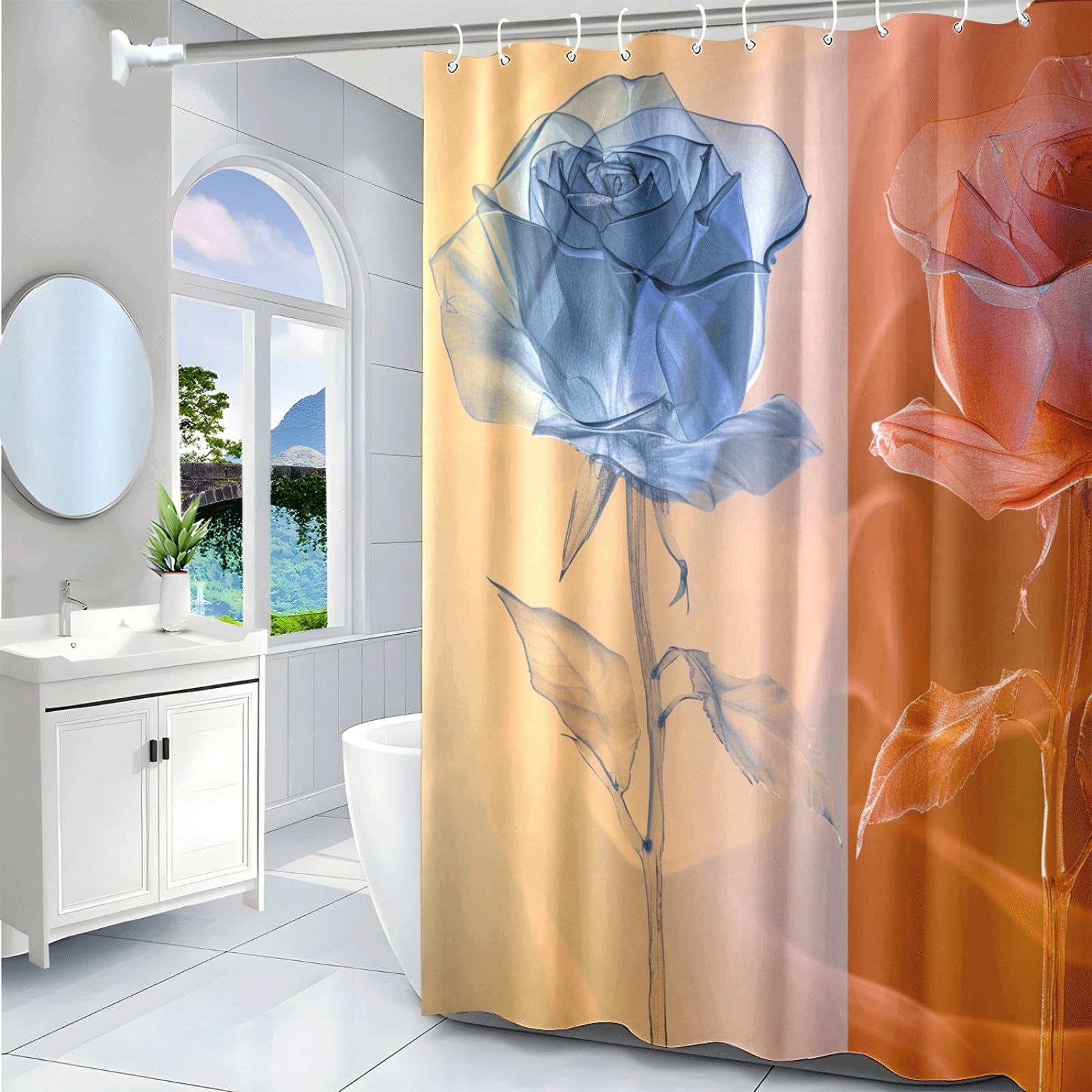 Tenda Doccia Fiore Arancione Blu Tenda Doccia Antimuffa Impermeabile Poliestere Lavabile con 12 Ganci Facile da Installare Tende Finestra Bagno per Dormitorio Hotel(180x220cm)