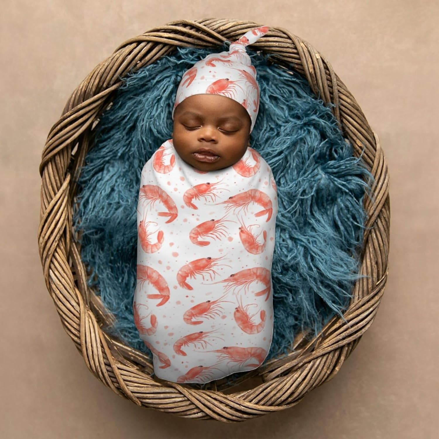 Watercolor Shrimps Newborn Swaddle Blankets Hat Sets Soft Baby Receiving Blanket Swaddle Sack for Baby Shower Infant Boy Girl Gift - Image 6