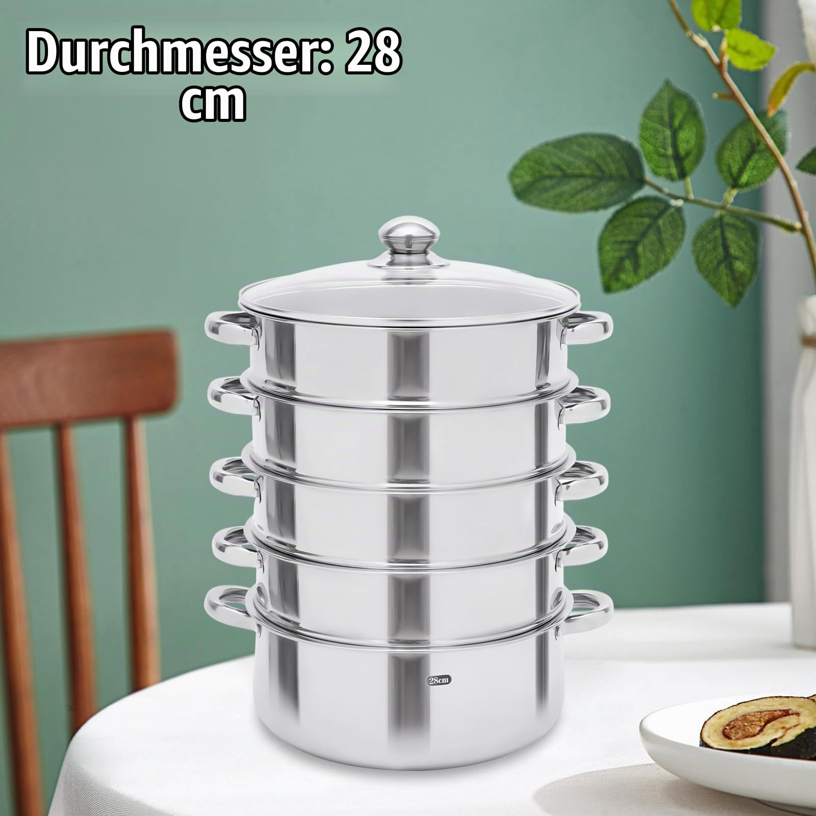 5-Lagiger Edelstahl Dampfkocher Dampfgarer Induktion Dampfgarer Dampfkocher Edelstahl Dampfgarer-Set 5-Lagiger mit Glasdeckel für Gemüse, Fisch, Suppe, Knödel (28CM)
