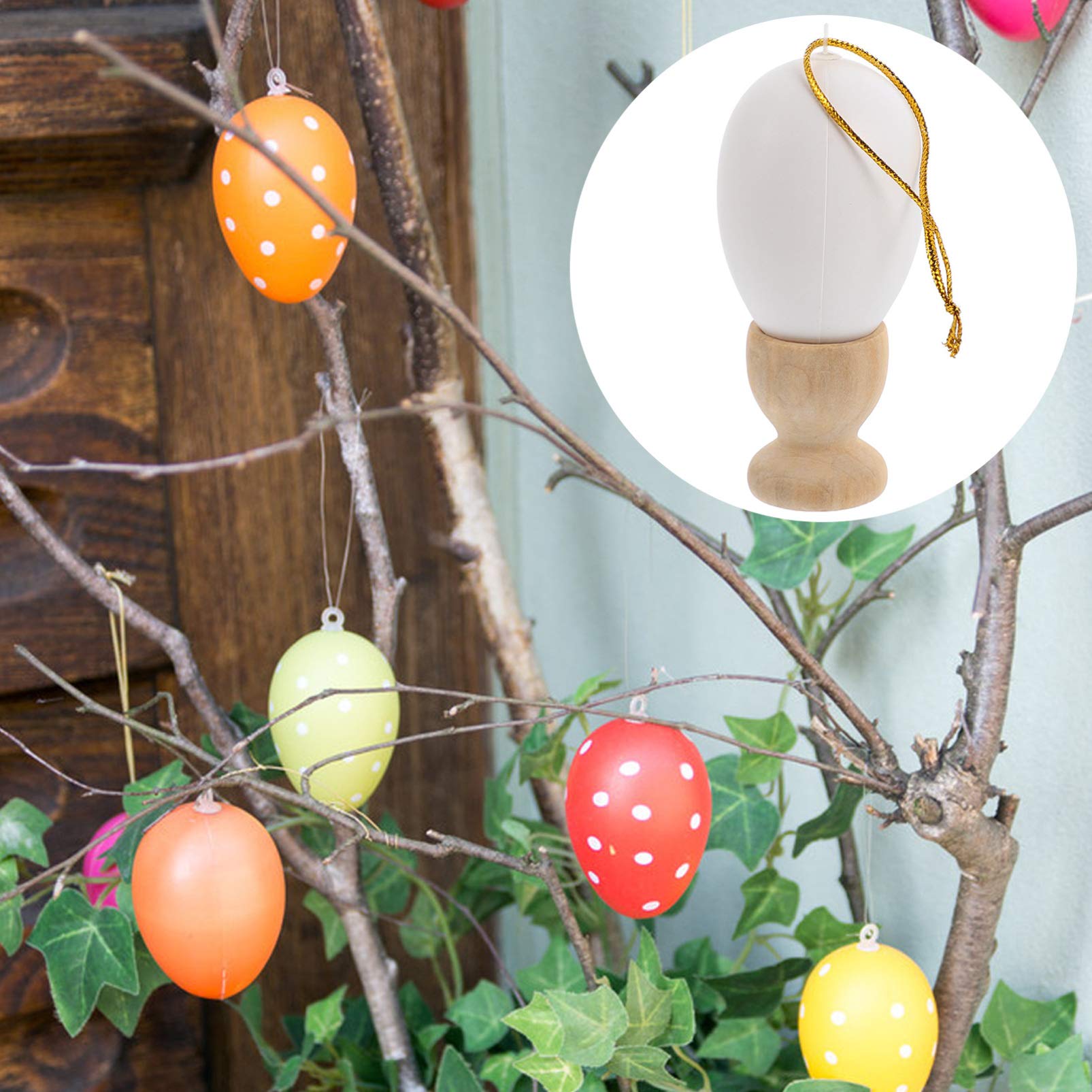 12pcs DIY Easter Eggs Eggs Plastic Fake Eggs with 12 Wooden Cup Holders Simulation Chicken Goose Egg Toy Hanging Decoration for DIY Graffiti Painting Decorating