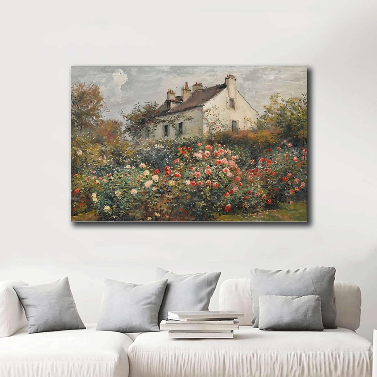 SENLYCH Printed Canvas Painting Wall Art Vintage Rose Garden Painting English Cottage Poster Dining Room Decor Rustic Floral Print Living Room and Bedroom Home Decoration 16x24inch Without Frame