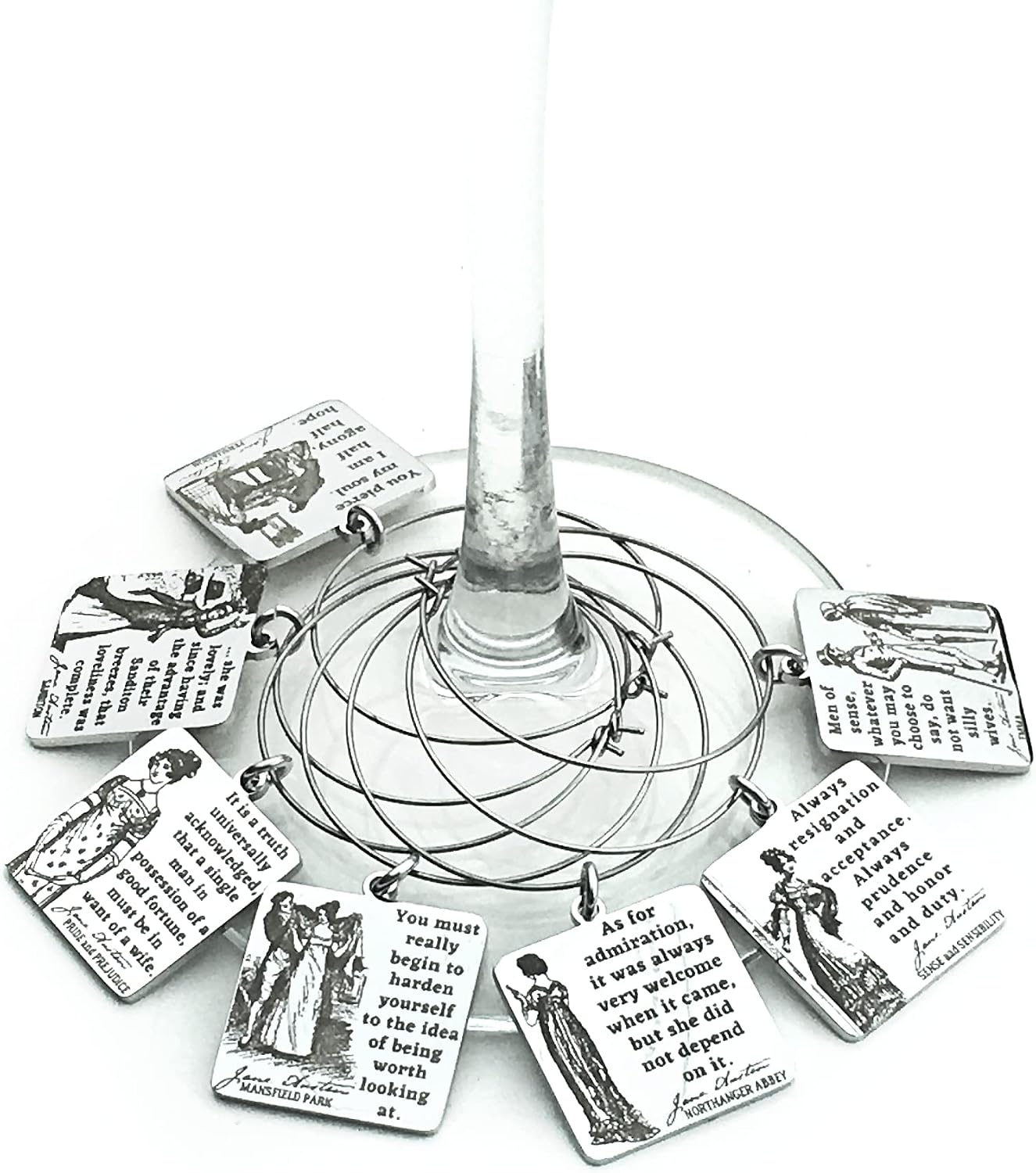 Jane Austen BOOK QUOTES Stainless Steel Wine Ring Hook Hoop Marker Charms