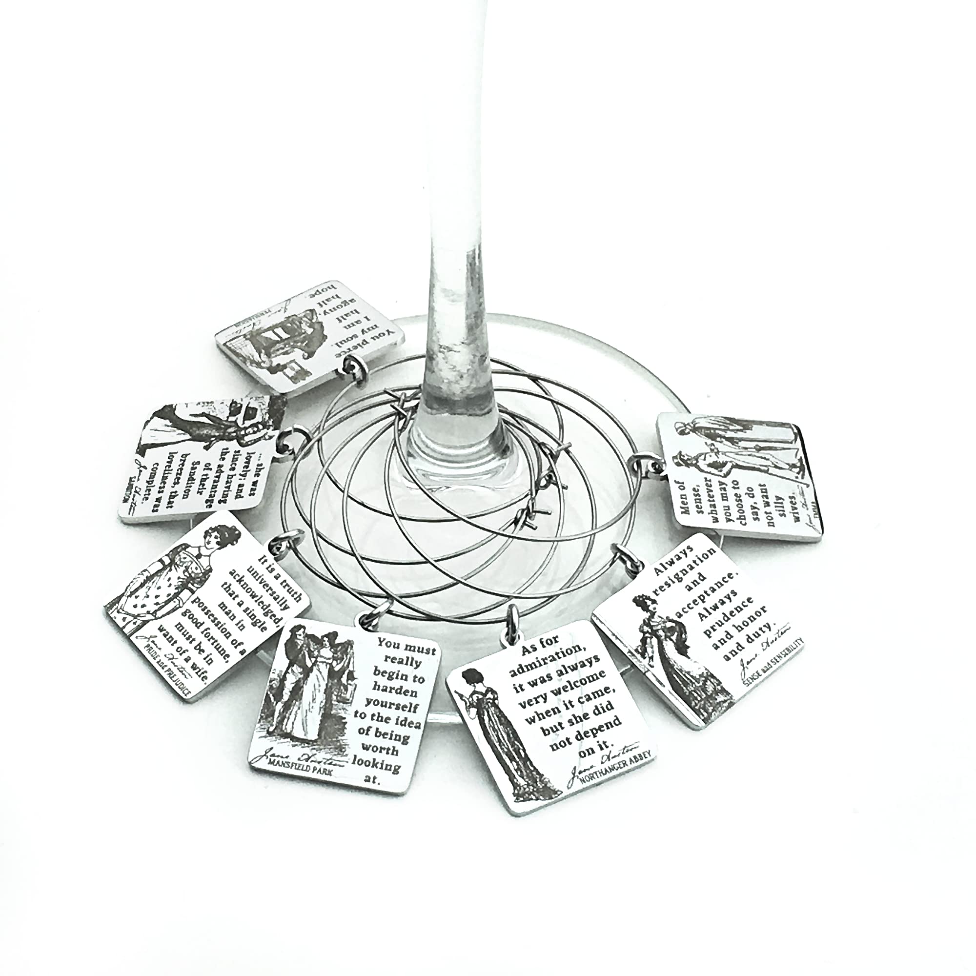 Jane Austen BOOK QUOTES Stainless Steel Wine Ring Hook Hoop Marker Charms