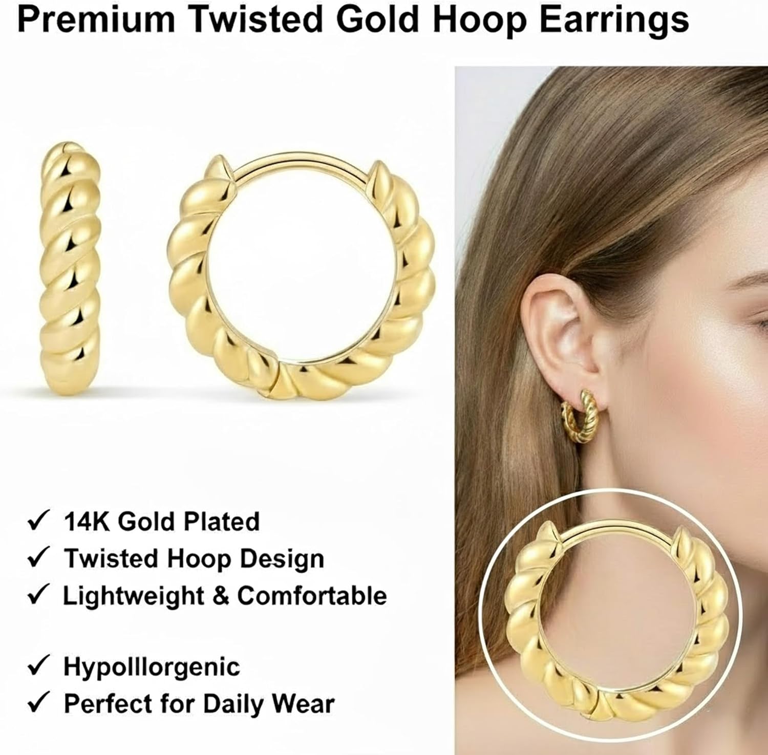 Fiusem Huggie Hoop Earrings for Women 14K Gold Plated, Small Dainty Earrings for Women, Hypoallergenic Hoops 8/10/12 mm - Image 2