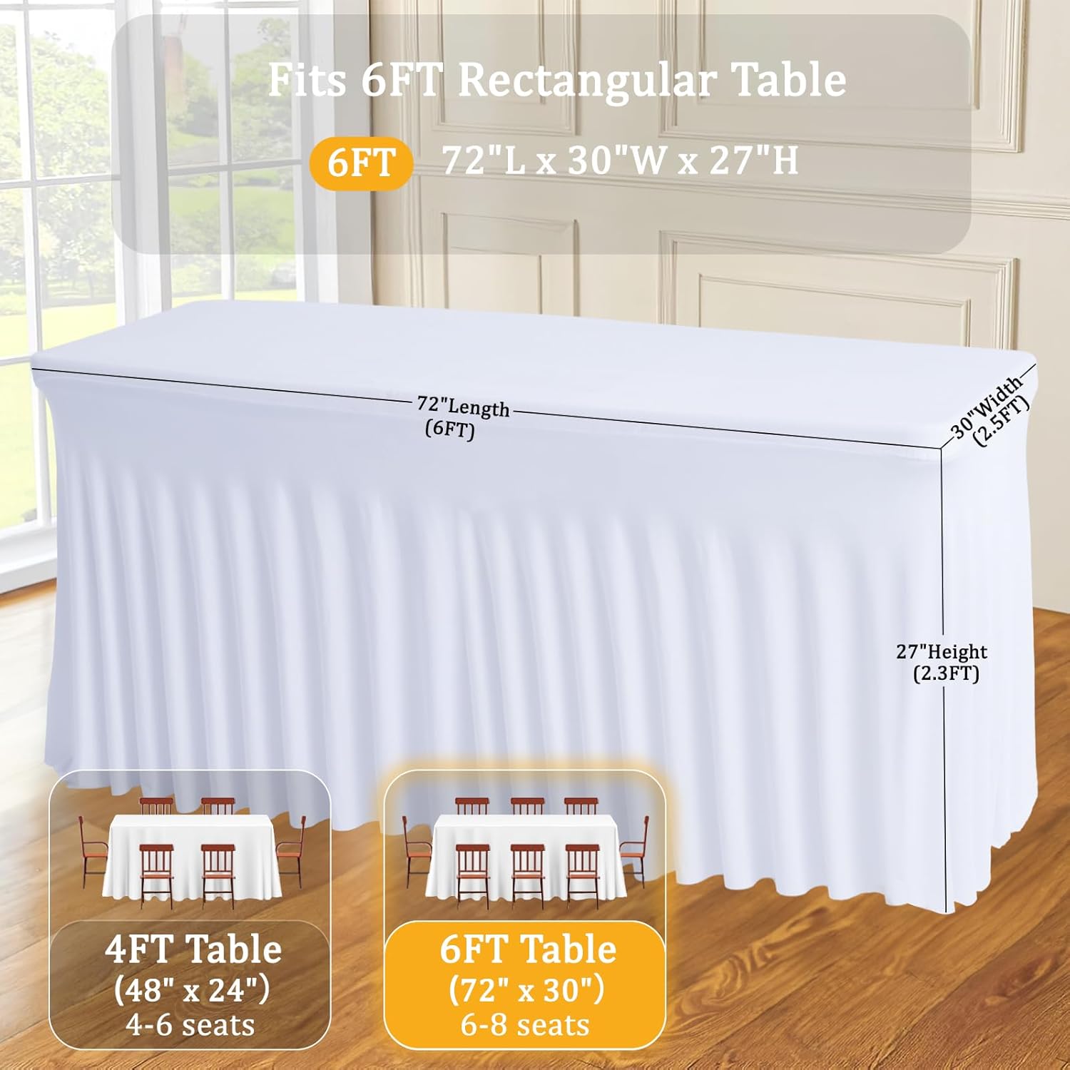 JCJ Table Skirt for Rectangle Tables Spandex Fitted White Tablecloths for 6FT Tables, Wrinkle Resistant Ruffles Elastic Table Cover Skirts for Teacher Desk Weddings Banquets Parties