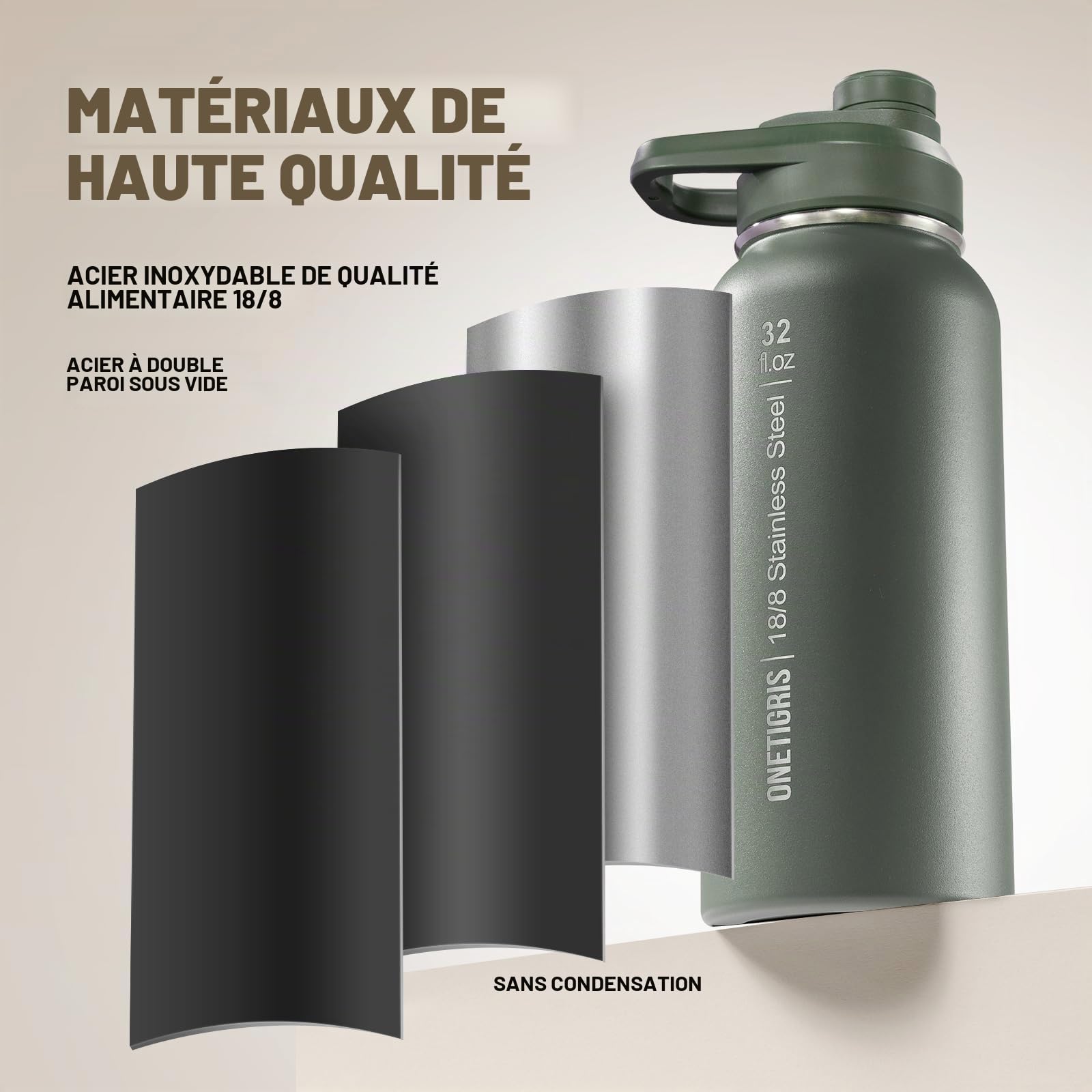 OneTigris Gourde Sport, 0.9l Gourde en Acier Inoxydable avec un Bon Effet d'Isolation, Idéal pour Vélo, Camping, Yoga, Gym, Airsoft,32oz（Vert OD)