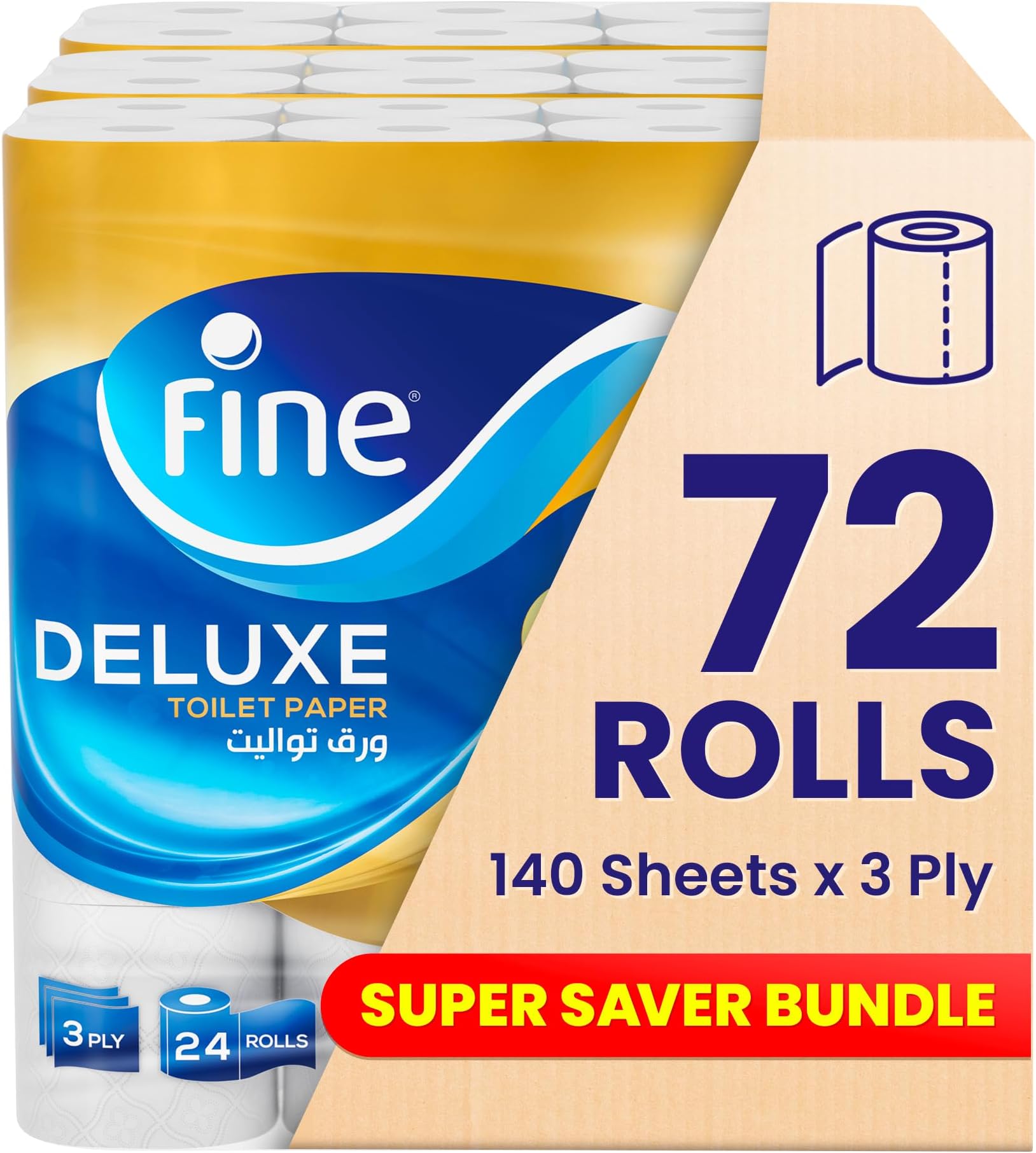 Fine Deluxe Toilet Tissues Paper 72 Rolls, 140 sheets x 3 Ply