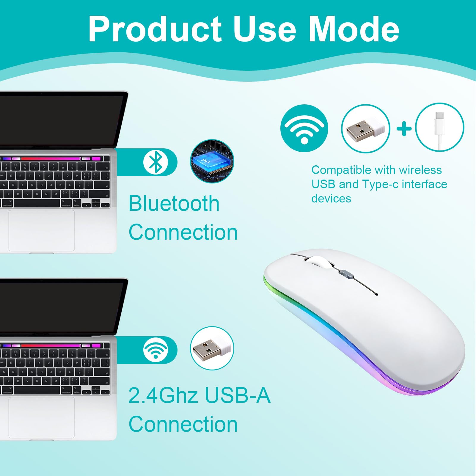 Souris sans Fil Rechargeable, Souris Bluetooth (BT 5.1+2.4G sans Fil), 1200 DPI Souris Silencieuse Ultra-Mince, Wireless Mouse Deux Modes pour MacBook/Tablette/iPad/Ordinateur Portable/PC/Notebook