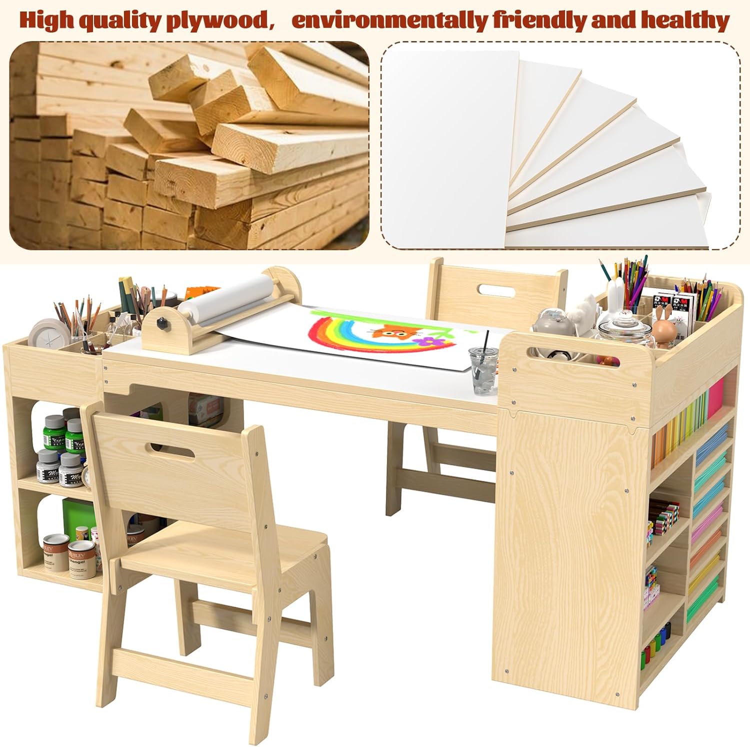 50″Lx22″W Kids Art&Craft Table and 2 Chairs Set, Portable Supply Organizer and Paper Roll Dispenser, Art Desk and Craft Table for Kids, Toddler Activity and Coloring Tables with Storage(White)