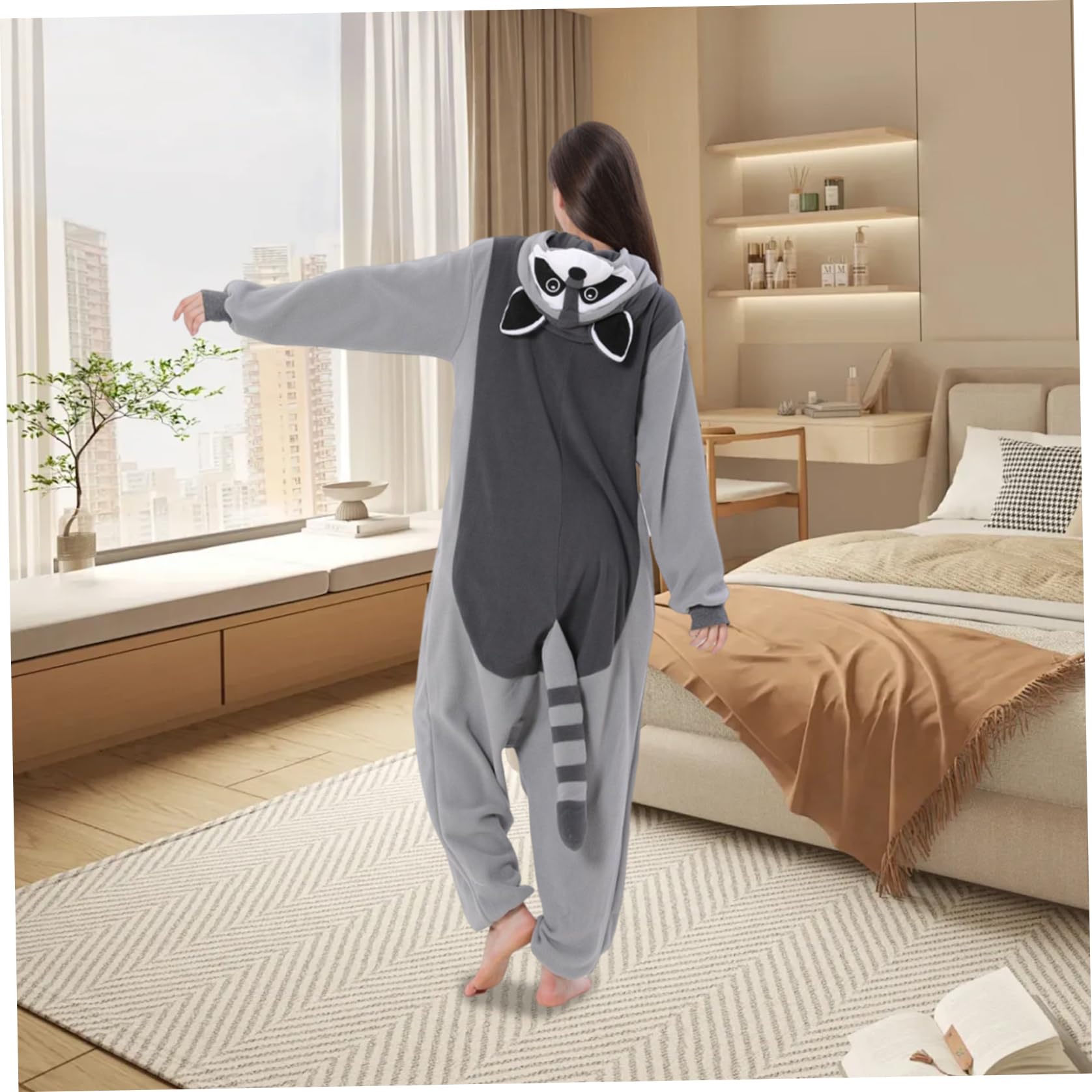 Pigiama intero con cappuccio procione per adulti, con coda, in pile polare, con chiusura a bottone, costume carino e termico per Natale, Halloween