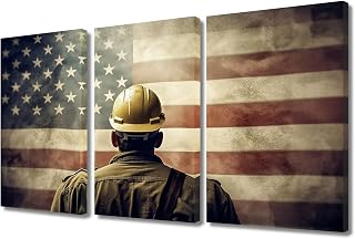 Safety Helmet Construction Worker Pictures Home Decor American Flag Paintings Wall Art for Living Room 3 Pieces Building Engineer Wall Decor Posters & Prints Framed Ready to Hang (36"Wx24"H)