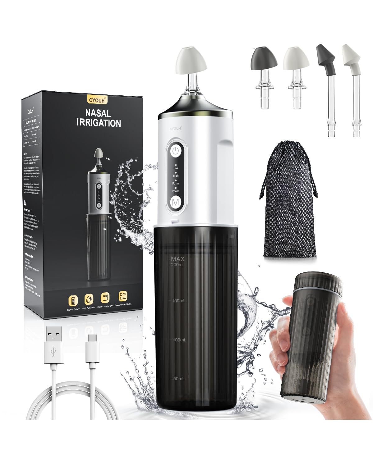 CYOUH Nasales Bewässerungssystem: kabellose Nasenspülmaschine zur Linderung von Sinusbeschwerden, Nasenpflege, elektrische Neti-Kanne mit 4 Tipps, 30 Nasenwasch-Salzpaketen(Schwarz)