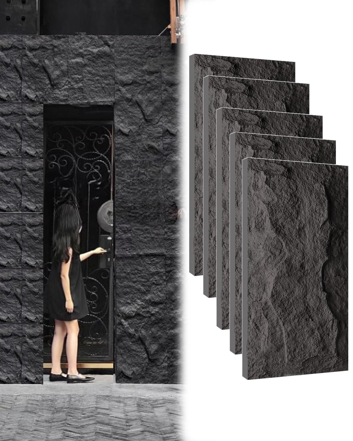 Pannelli Decorativi per Pareti Pannelli Murali 3D Neri Effetto Pietra Finta, Spessore 6 cm, Pannelli di Rivestimento per Fondamenta Esterne, Rivestimento in Cemento Impermeabile(5 Pack)