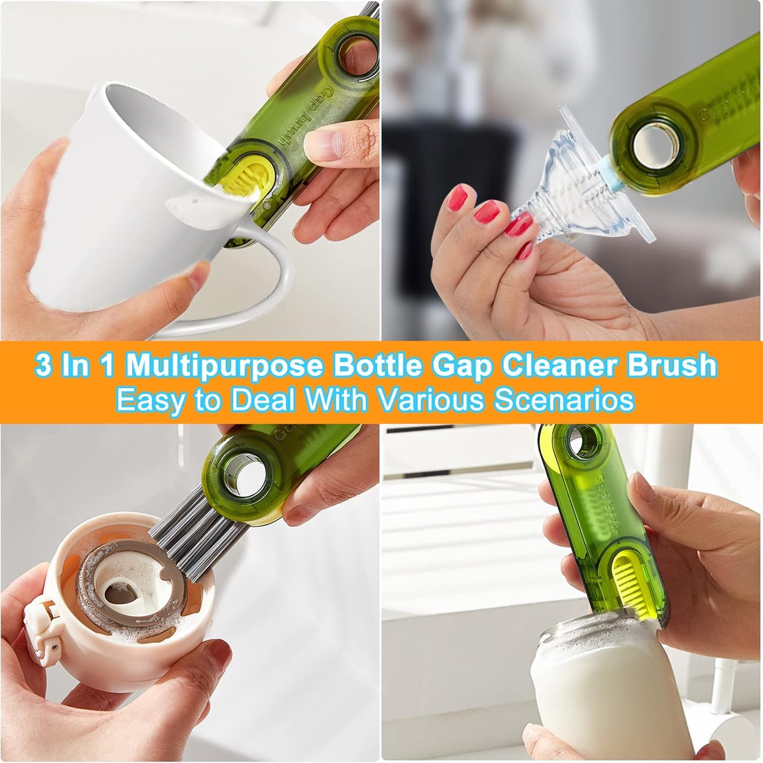 Spefez 2Pcs 3-in-1 Cup Lid Cleaner Brush Set, Multifunctional Mini Cup Bottle Cleaning Brush, Cup Cover Lid Cleaner, Kitchen Washing Tool, Mini Cleaner for Travel and Home(Cap Brush)-Multi Color 3