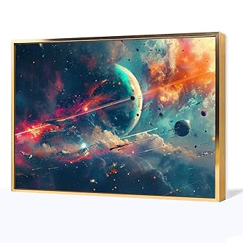 韓国画家　宇宙テーマの油彩画 金色フレーム付き Amazon.co.jp: 絵画 宇宙惑星アート絵画インテリア 絵画 太陽系