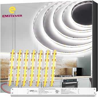 EMITEVER COB LED Strip Lights White, 5000K Tape Light Premium High Density, DC 24V, 300+Lumens/ft, 480LEDs/M, 4800LEDs/Spool, Ra 90+, IP30 Indoor Use, 32.8ft, 3W/ft+96W Traic Dimmable Driver