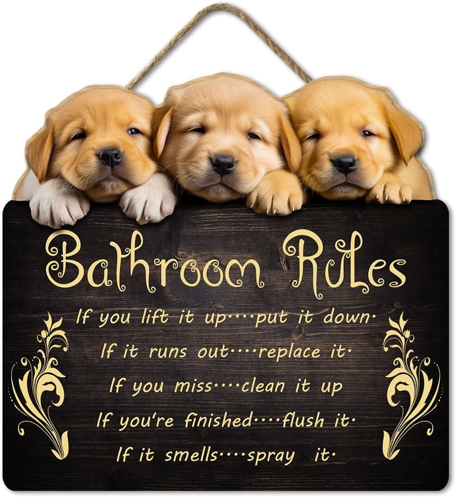 Wood Dog Funny Bathroom Rules Sign Wall Decor Home Farmhouse Wooden Hanging Plaque Rustic Sign for Office Bedroom Restroom Garden Living Room Decoration 12x11IN
