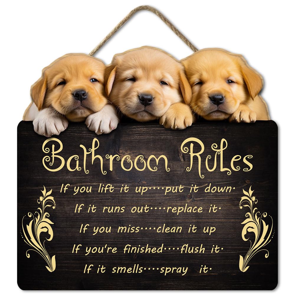 Wood Dog Funny Bathroom Rules Sign Wall Decor Home Farmhouse Wooden Hanging Plaque Rustic Sign for Office Bedroom Restroom Garden Living Room Decoration 12x11IN
