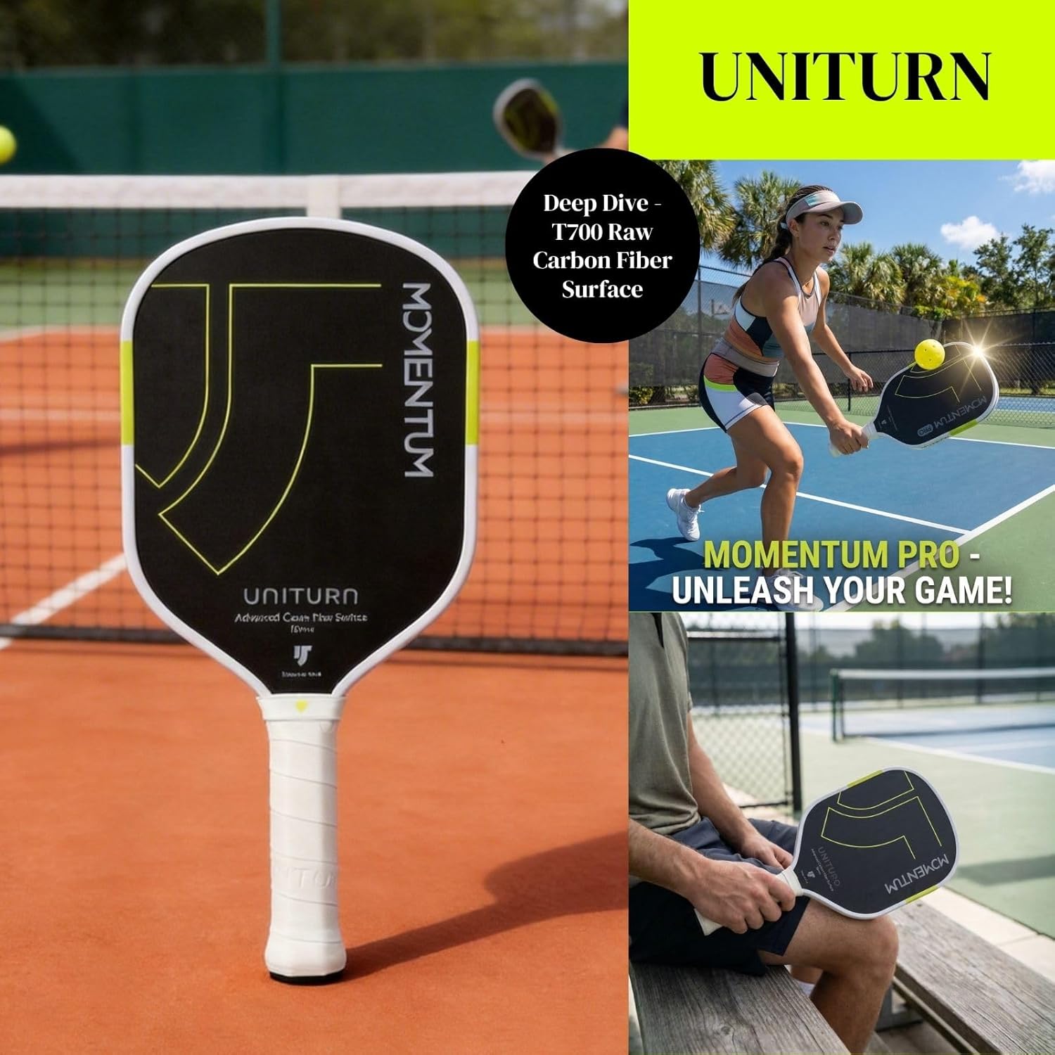 Momentum Carbon Fiber Pickleball Paddle T700 Pro-Spin Surface, 16mm Control Core, High-Density Stability