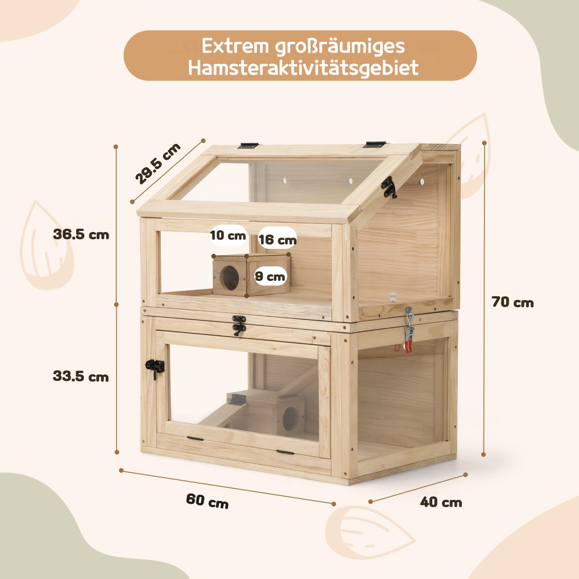 Nagarium - Jaula para hámster de dos pisos de madera natural con cristal acrílico – Grande 60 x 40 x 70 cm, jaula para ratas de libros, jaula de varios niveles con niveles separables y puertas