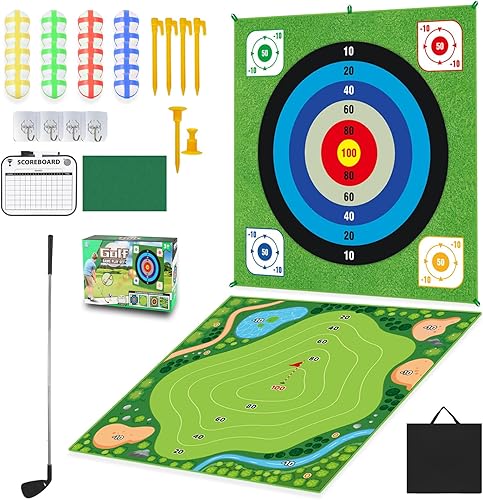 ROSE ME Juego de astillado de golf, alfombrilla de astillado de doble cara, 20 bolas adhesivas, 2 palos ajustables, juego de golf familiar