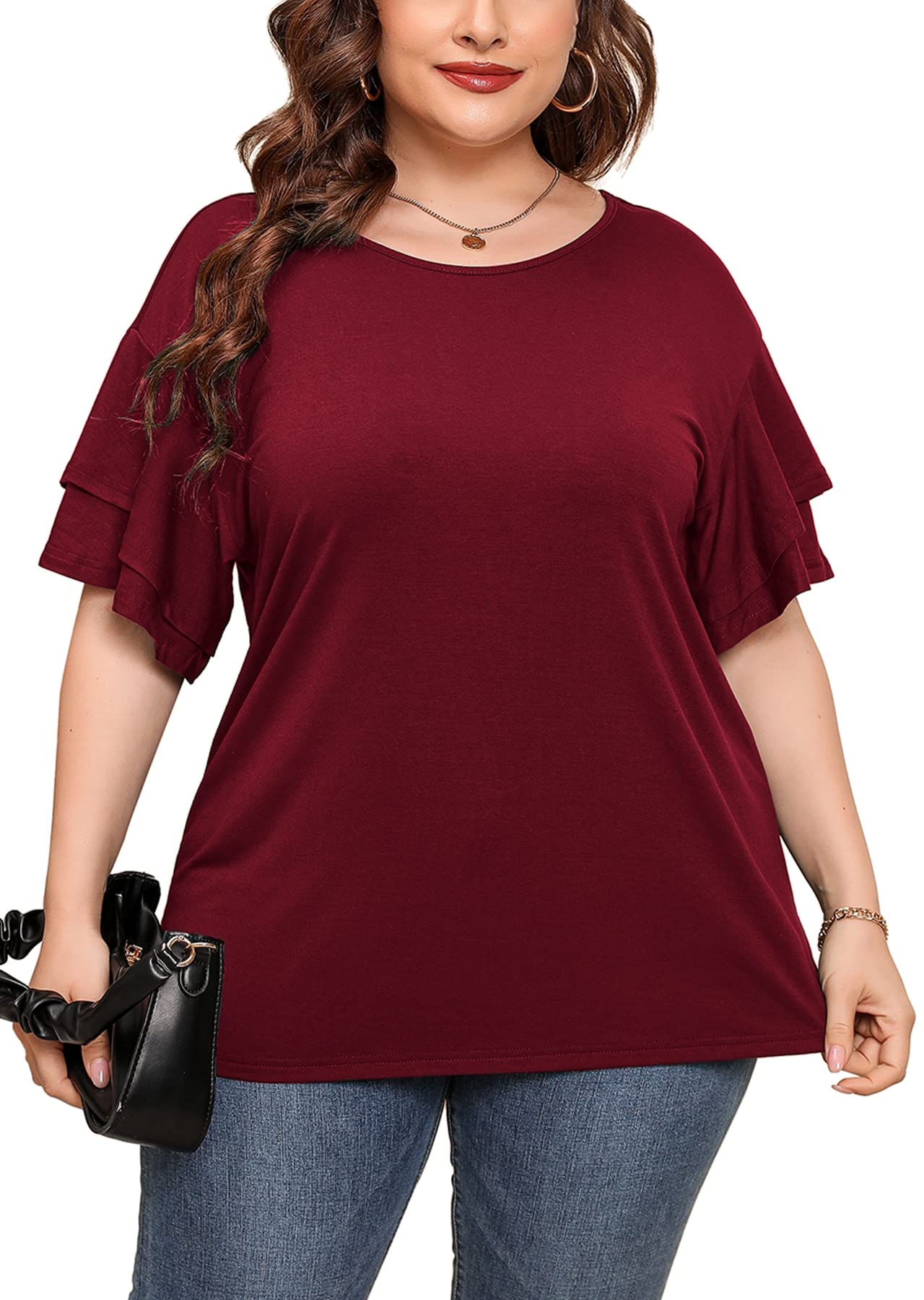 AusLook Plus Size Tunic for Women Double Ruffle Short Sleeve Clothes Loose Fit Clothing Flowy Shirts Summer Tops