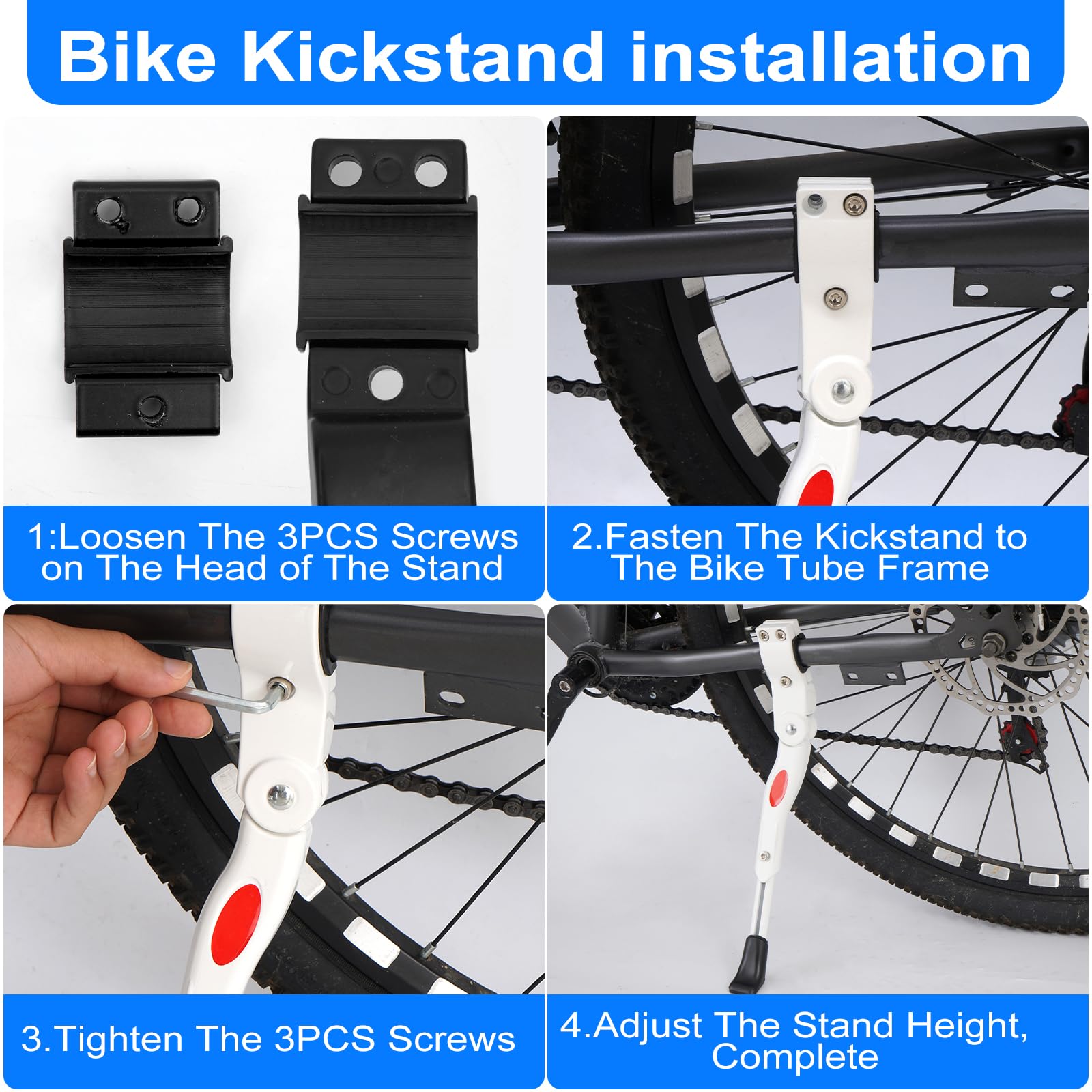TRKIMAL Béquille de vélo en alliage d'aluminium réglable en hauteur arrière côté vélo Kick Stand Fit pour VTT et vélo de route de 24 à 28 pouces, livré avec clé Allen 2 pièces