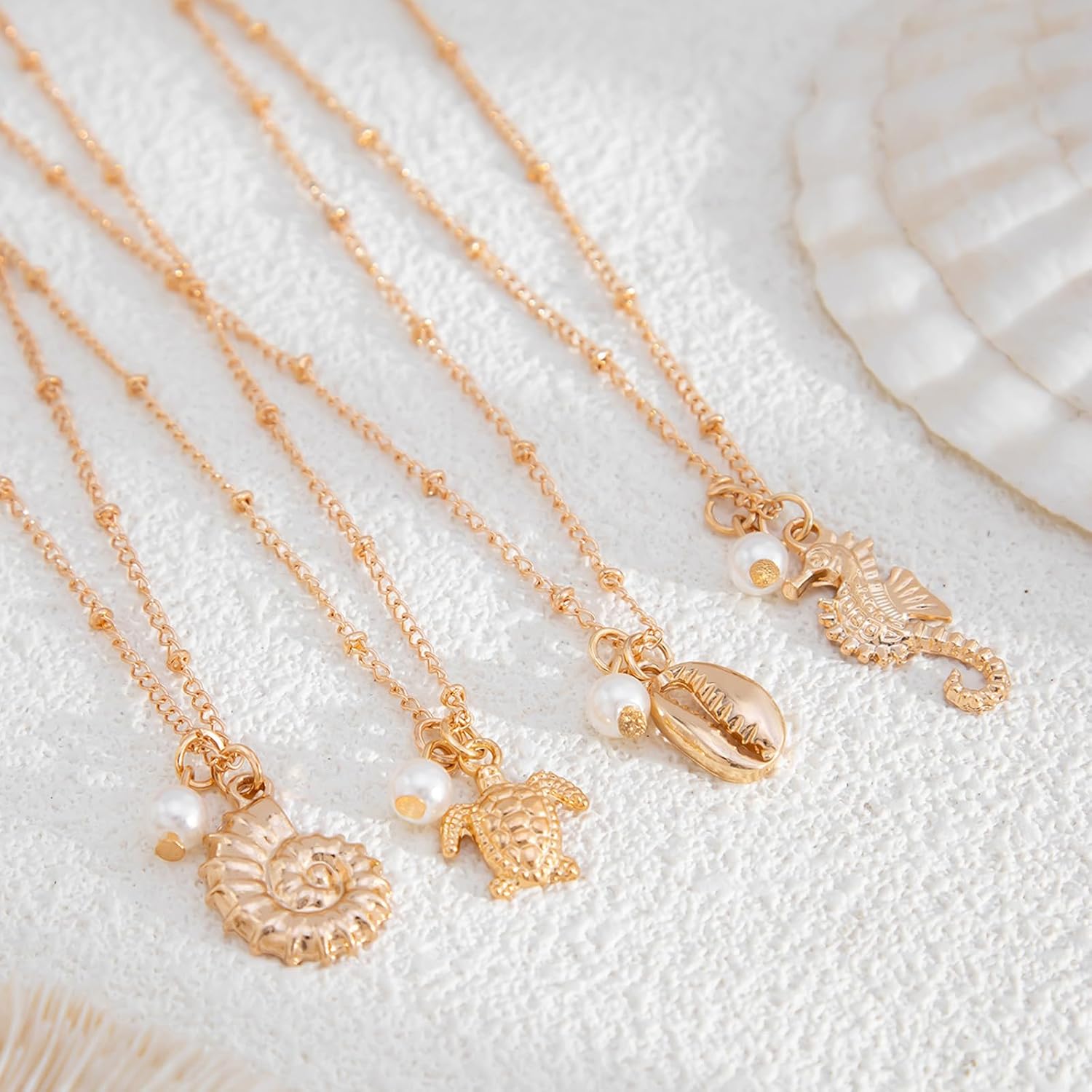 Gold Conch Seahorse Necklaces for Women Gold Layered Charm Necklace Sea Turtle Pearl Layered Pendant Necklaces Sets Beach Holiday Jewelry Gifts Dresses Accessories - Image 5
