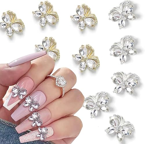Dijes de mariposa para uñas, 10 piezas de aleación 3D de mariposa para uñas acrílicas, gemas de mariposa metálicas doradas y plateadas, diamantes de Dijes de mariposa para uñas, 10 piezas de aleación 3D de mariposa para uñas acrílicas, gemas de mariposa metálicas doradas y plateadas, diamantes de