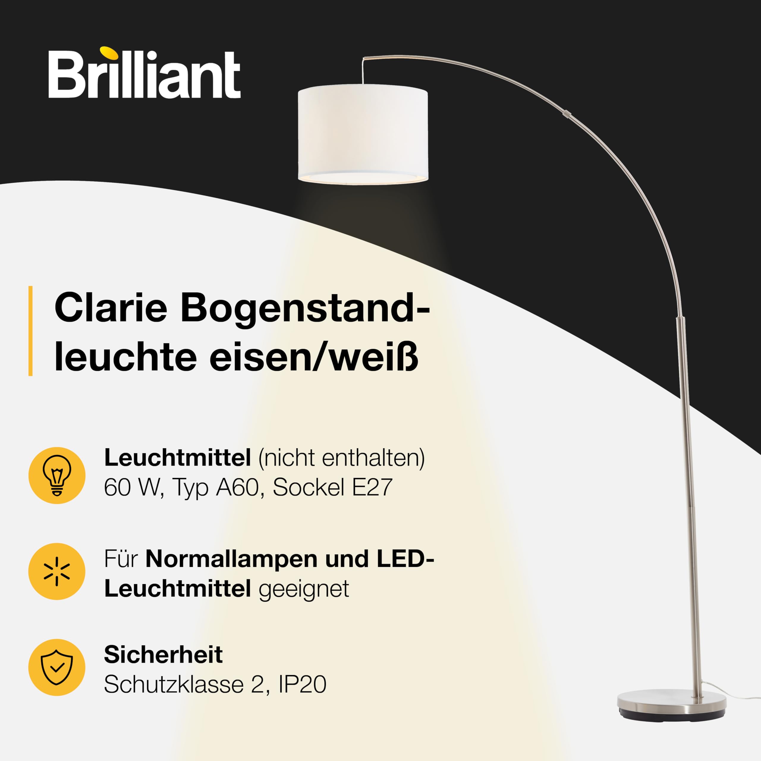 Brilliant Lampe Clarie Bogenstandleuchte 1, 8m eisen/weiß | 1x A60, E27, geeignet für Normallampen (nicht enthalten) | Mit Fußschalter