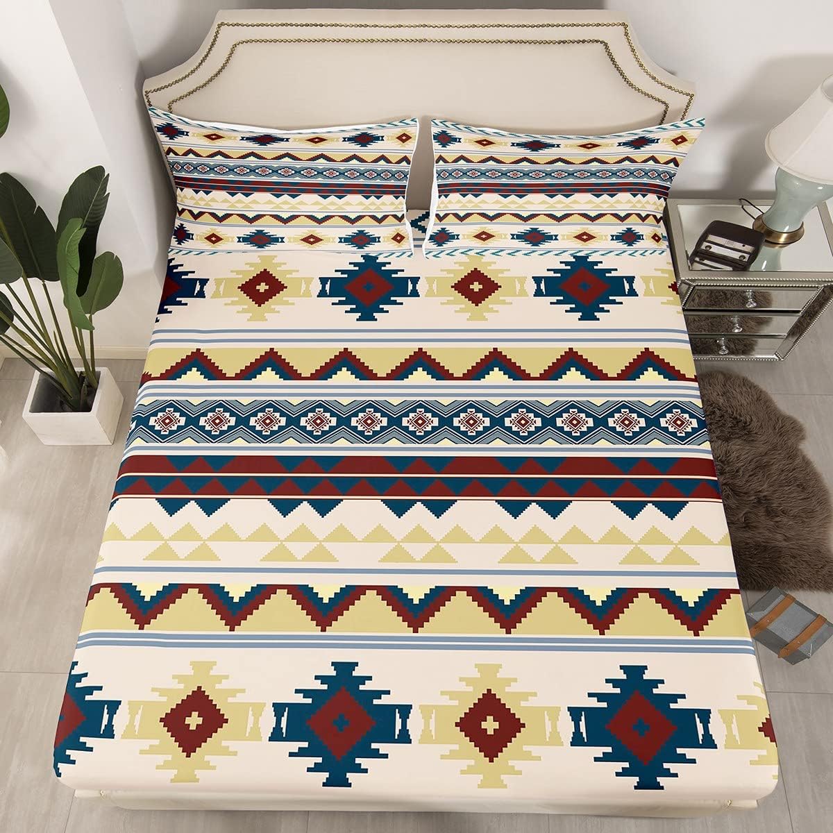 Western Bedding Sets Full Ethnic Tribal Arrow Bed Sheets,Vintage Exotic Geometric Triangle Fitted Sheet Colored Bedding,African Indian Tribal Geometric Sriped Boho Decor,Pebble Gery Blue
