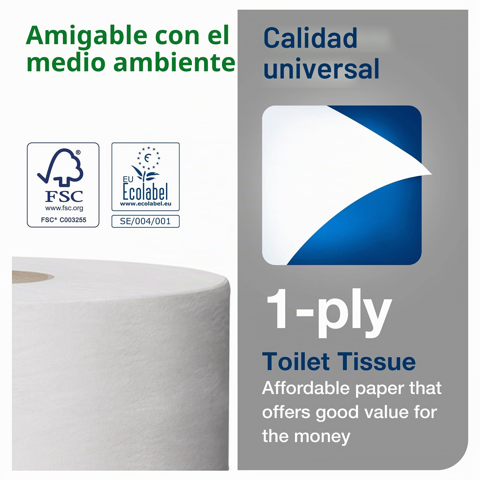 Tork 110163 Rollos de papel higiénico mini Jumbo Advanced de 1 capa compatibles con el sistema higiénico minijumbo T2, 12 rollos (12 x 1714 hojas)