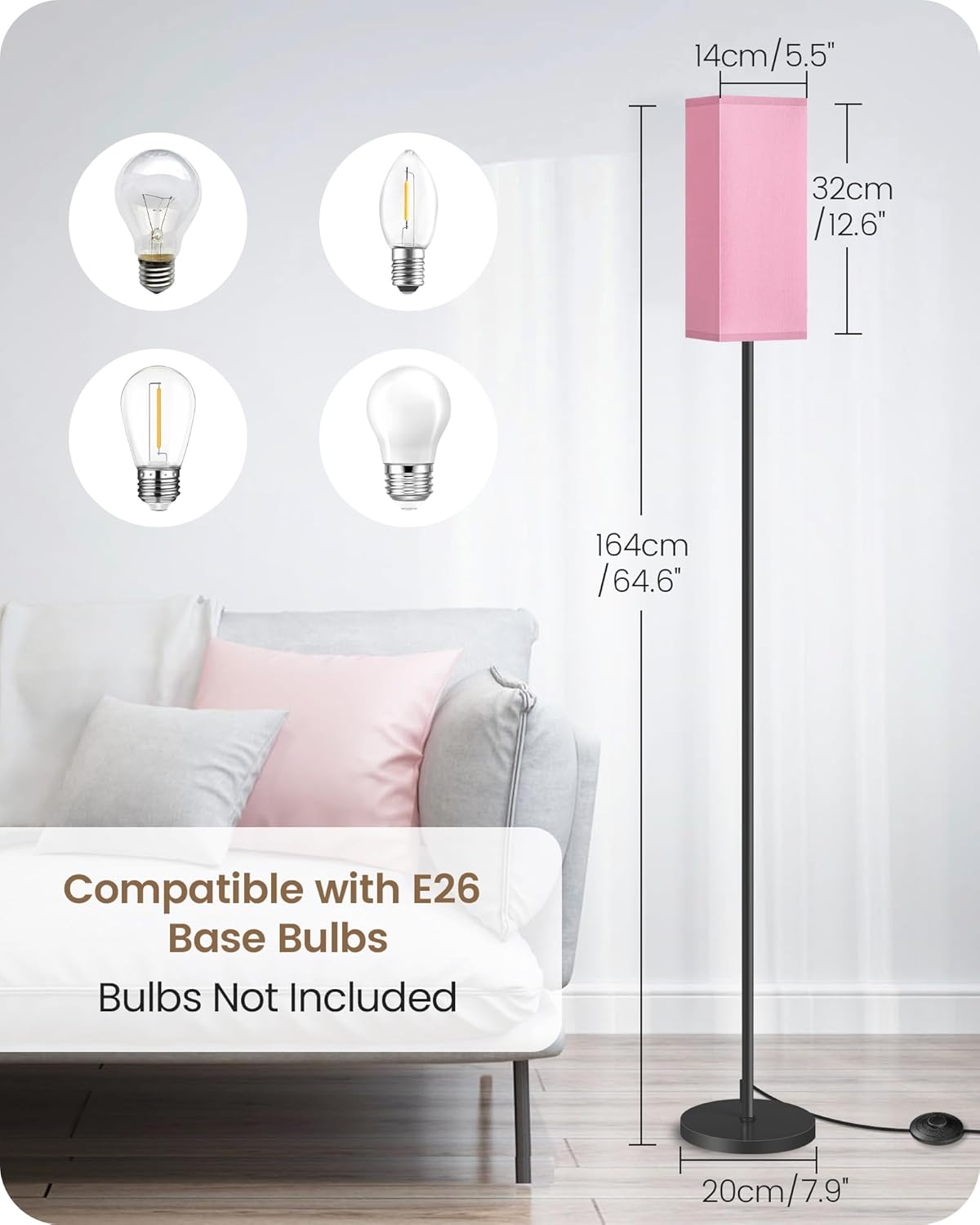 Floor Lamp, Pole with Foot Switch, Modern Standing Lamp Shade, Minimalist Freestanding Lamp (Bulb Not Included), for Living Room, Bedroom Office ETL Listed, Black and Pink P07LD05
