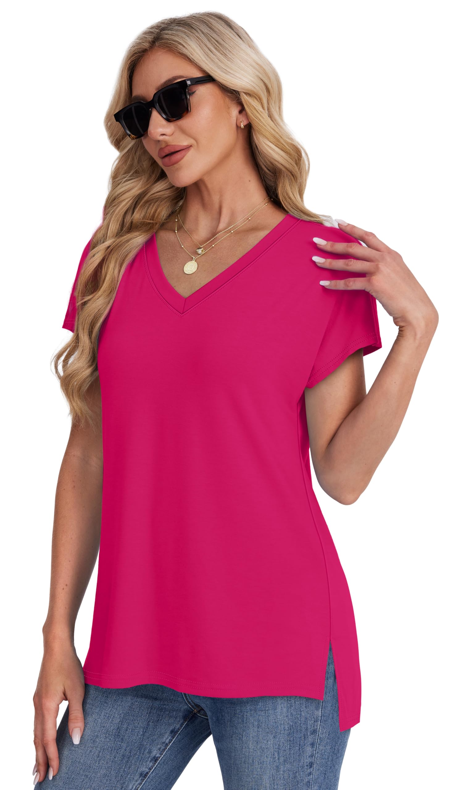 WIHOLL T Shirts for Women V Neck Summer Tops Ladies Short Sleeve Casual Tee - 4