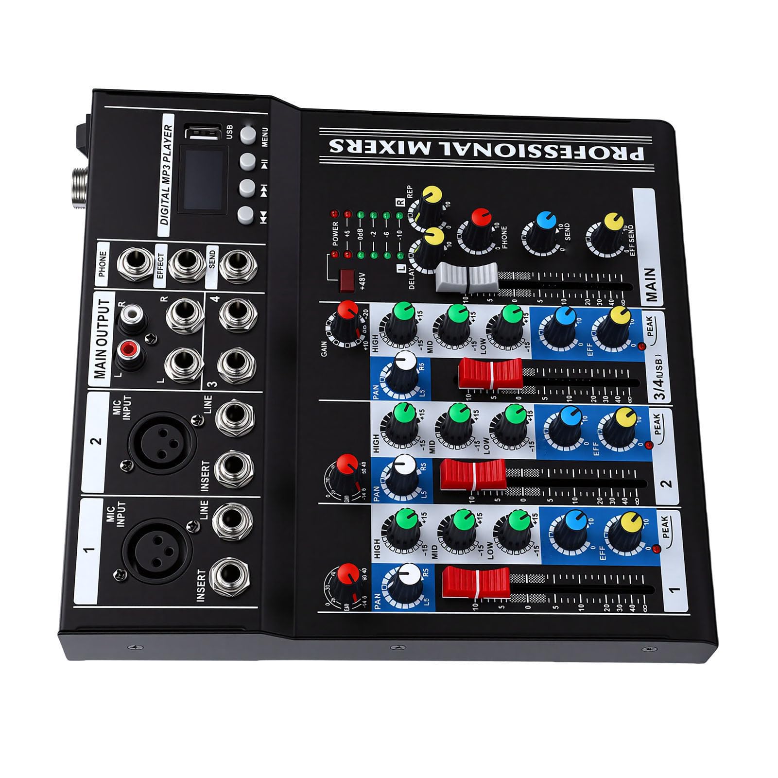Mixer Audio Console Mixer Audio a 4 in Acciaio Legato con Interfaccia USB e Bluetooth per PC Studio Karaoke Streaming Controllo DJ