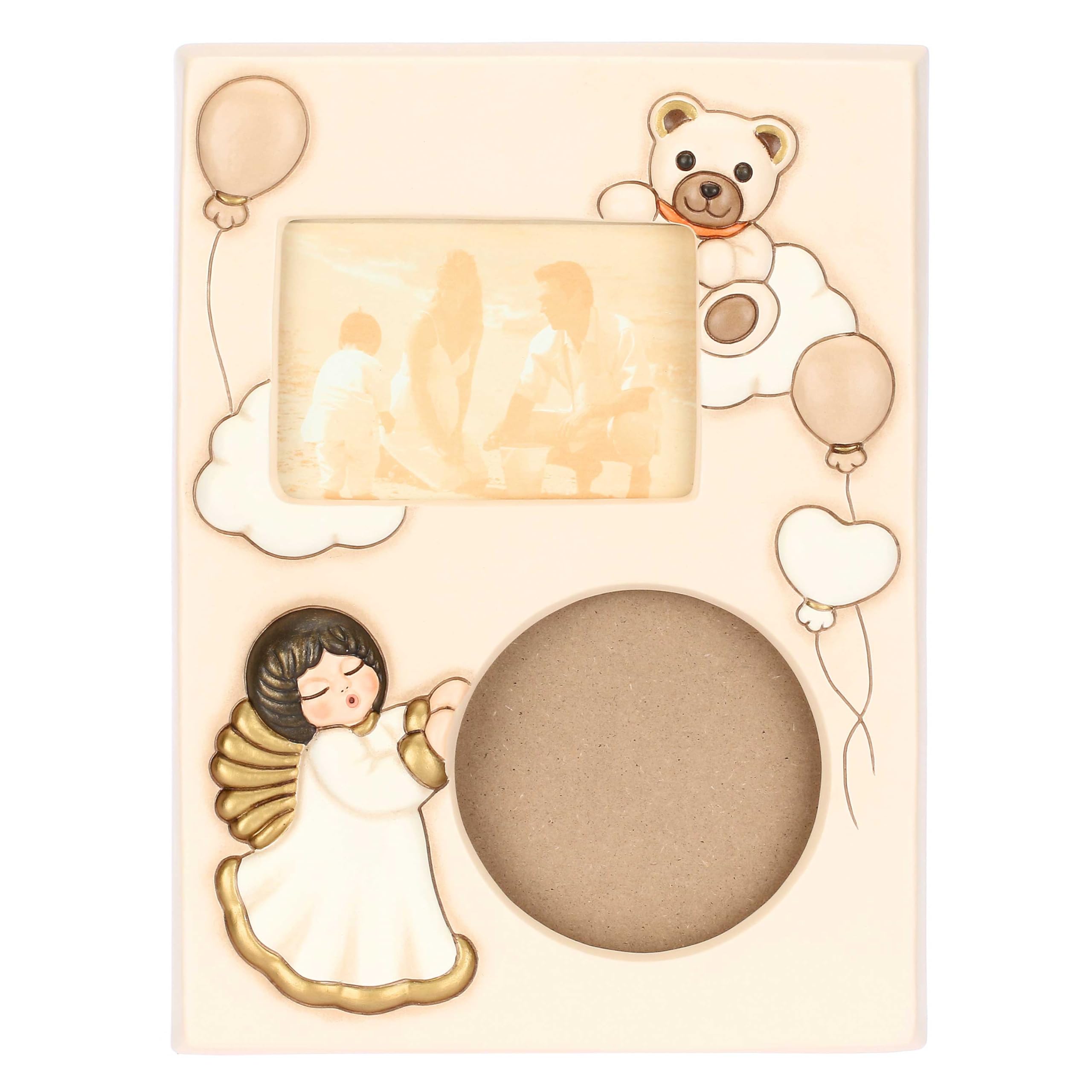 THUN, Portafoto con Calco Manina Angelo con Teddy in Ceramica Decorata a Mano, Linea Baby, 24.5 x 32.5 x 3 cm