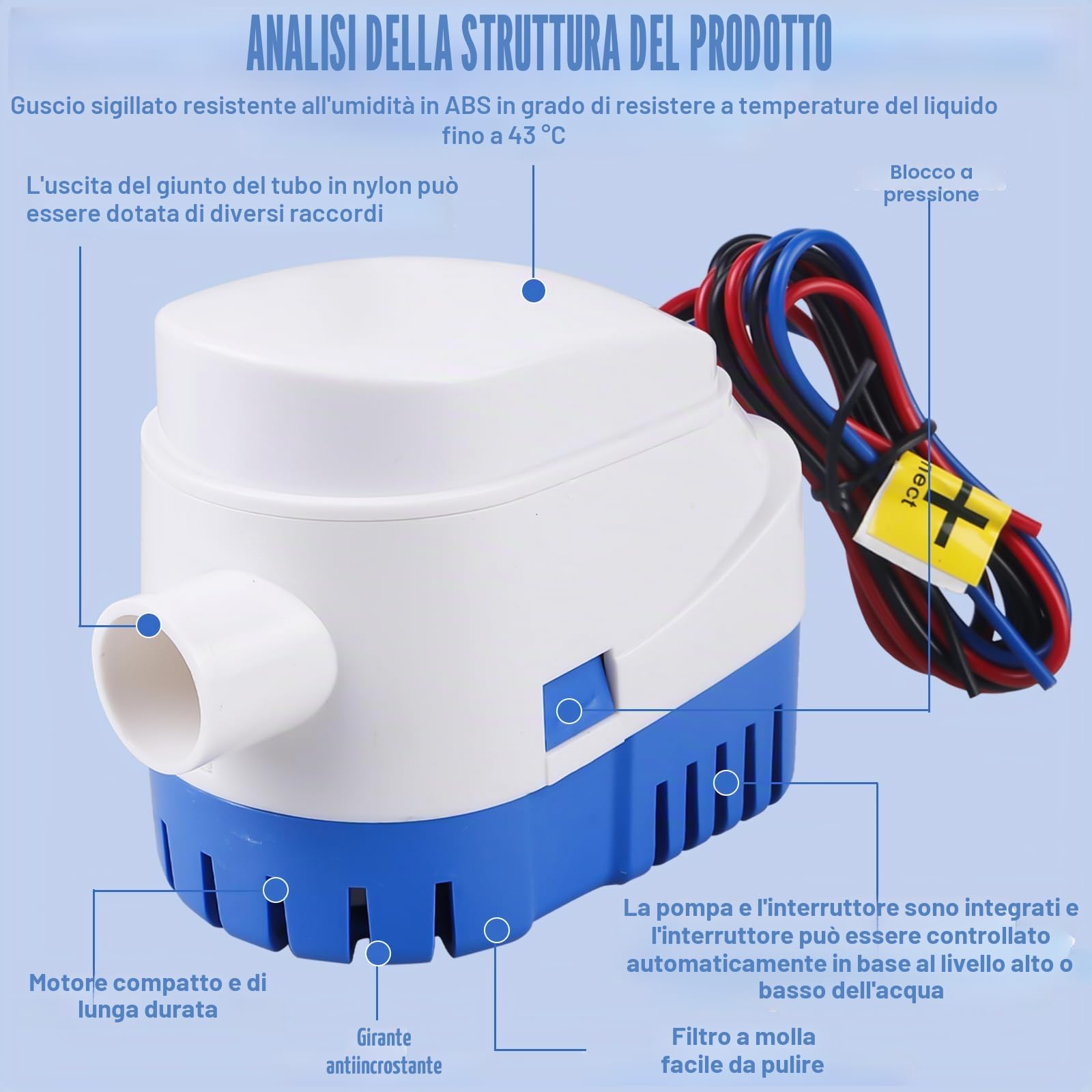Pompa di sentina automatica, 12 V, 1100 GPH/70 LPM, pompa di sentina automatica per barche, stagni, piscine, blu