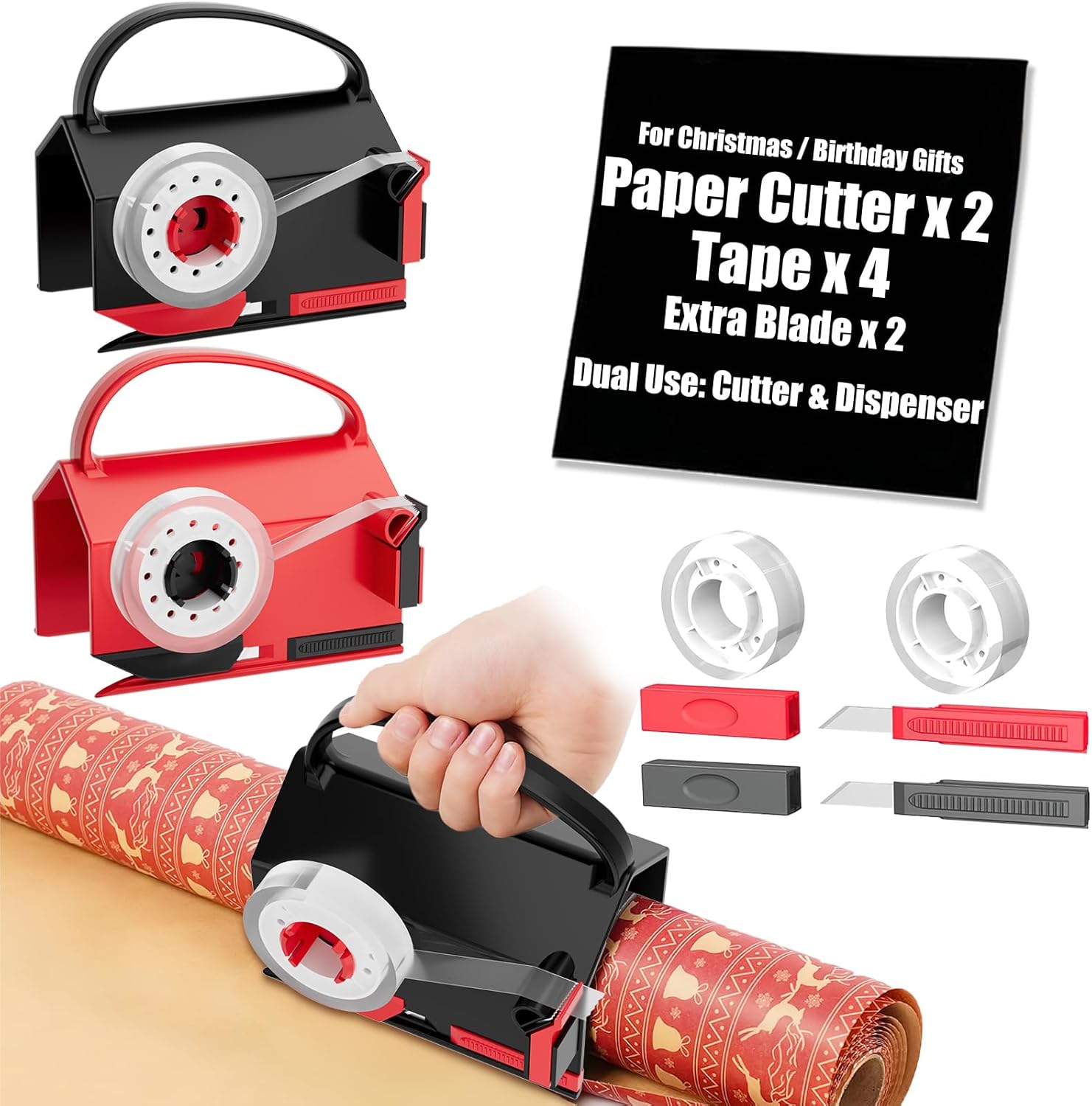 2-Pack Wrapping Paper Cutter & Tape Dispenser for Christmas Gift, Improve Gift Packaging Efficiency, Makes The Cutting line straighter, Cutting Tool with 4 Tapes,2 Replace Blades Kit, Red and Black 2-Pack Wrapping Paper Cutter & Tape Dispenser for Christmas Gift, Improve Gift Packaging Efficiency, Makes The Cutting line straighter, Cutting Tool with 4 Tapes,2 Replace Blades Kit, Red and Black