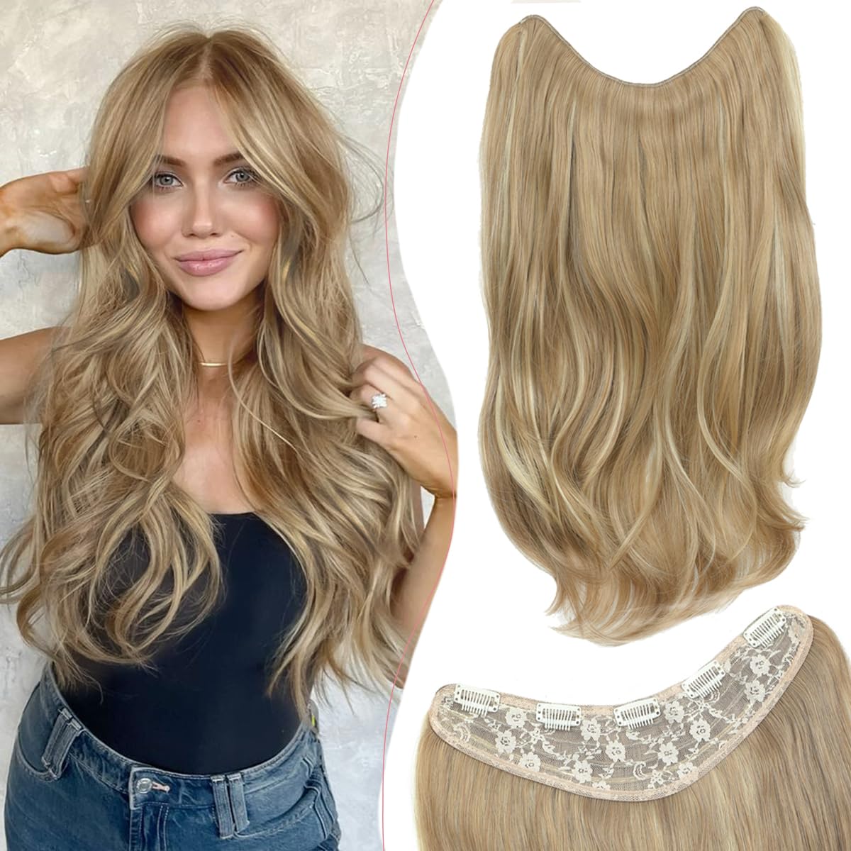 VEGALILY 1PCS Hair Extensions 20inch Layered Wavy Clip in Hair Extension U-shape Blonde Hair Extensions Clip in synthetic Fiber Hairpieces for women for Daily Use(Dark Golden Mix Beige Blonde)