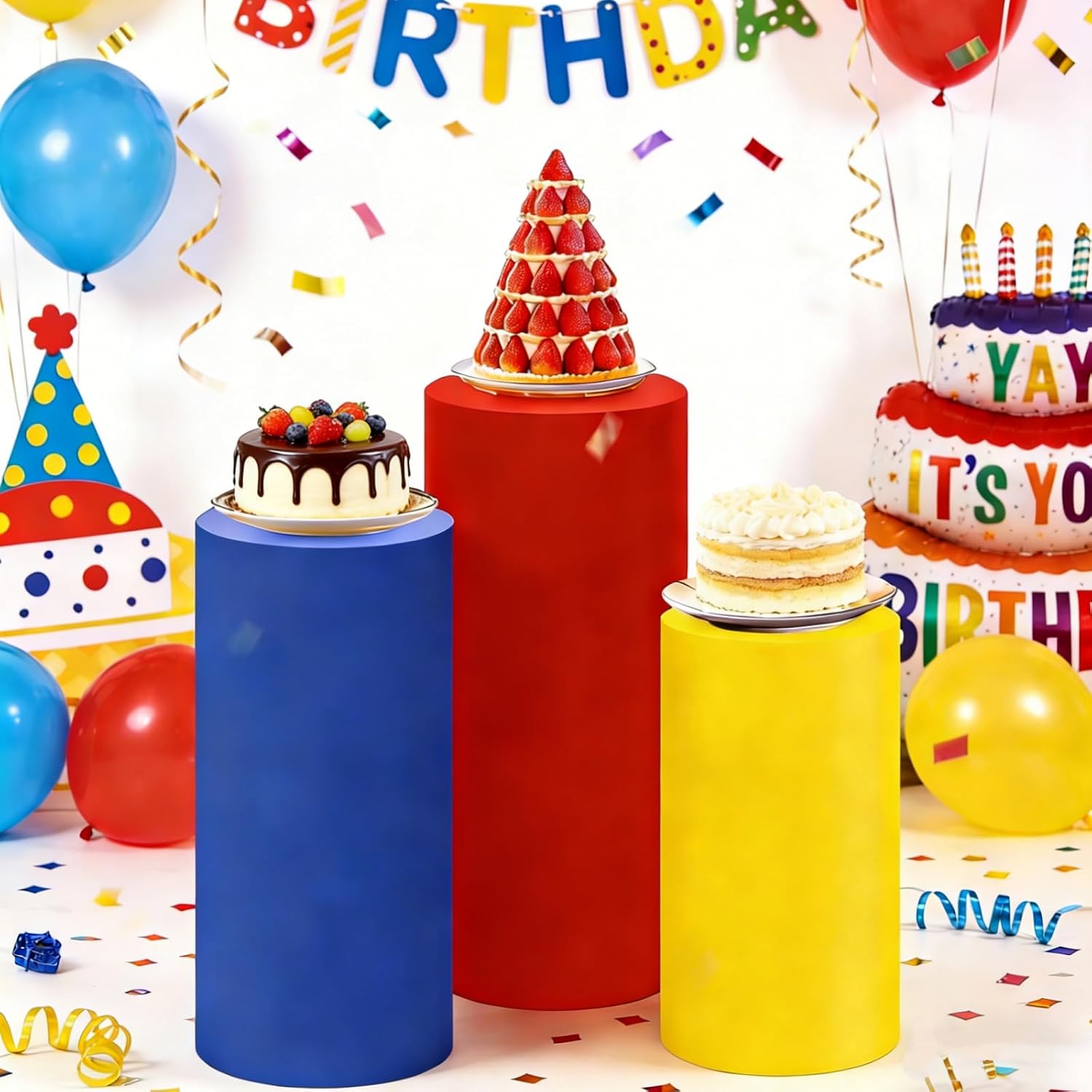 Red Yellow Blue Cylinder Pedestal Stand Covers Set of 3, Mixed Colors Round Cylinder Plinth Covers Elastic Display Cake Stand Cover, Ideal for Birthday Wedding Ceremony Prom Banquet Decorations(Cylinder Stands Not Included, L+XXL+XXL)
