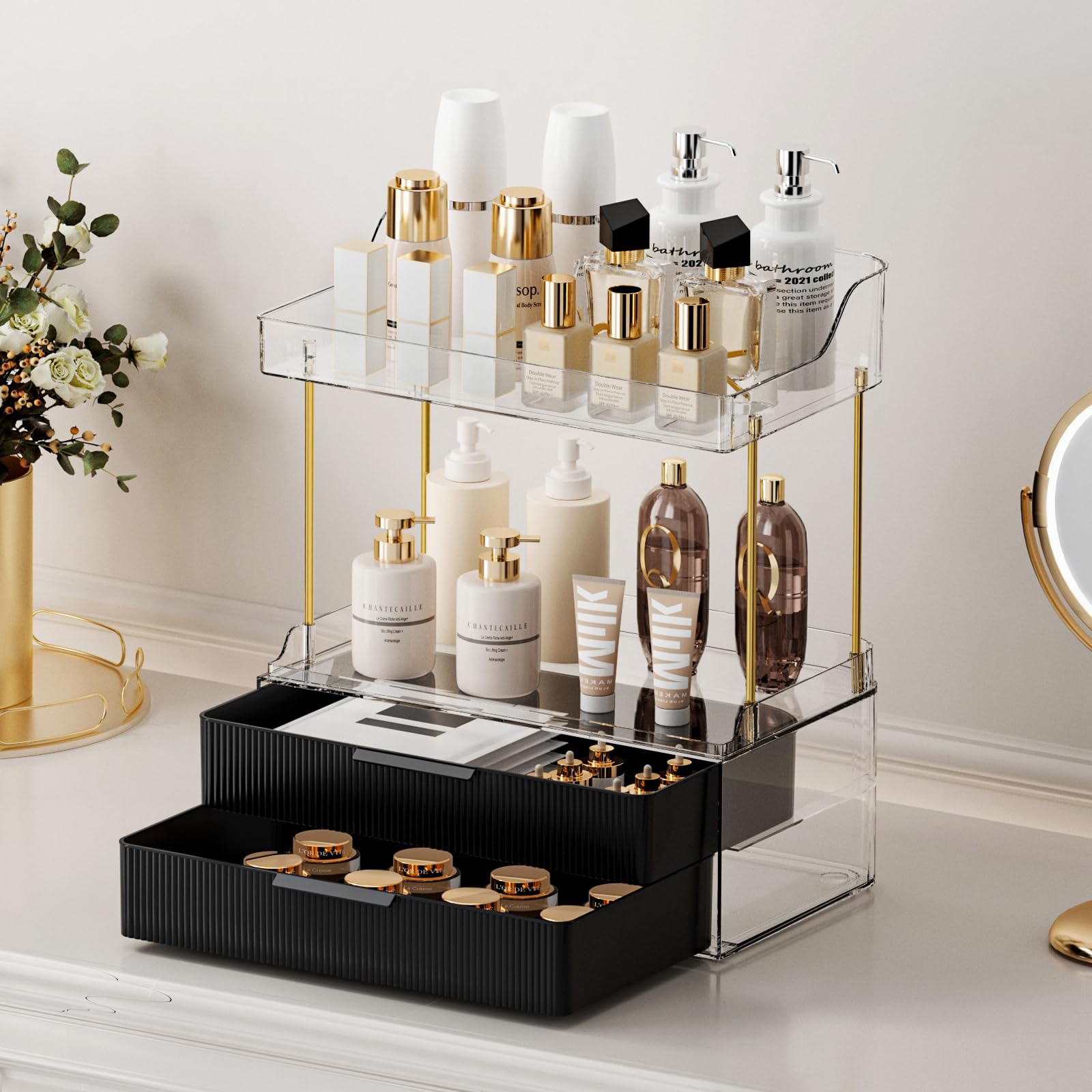 Artcochan Organizzatore per trucchi da banco rotante per trucco da banco di grande capacità, con porta pennelli da trucco, organizer per cosmetici (crema