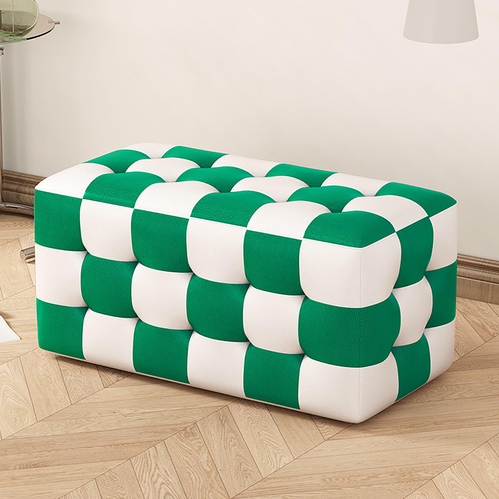 Pouf cube carré en cuir élégant motif à carreaux avec assise rembourrée haute densité de 90 cm